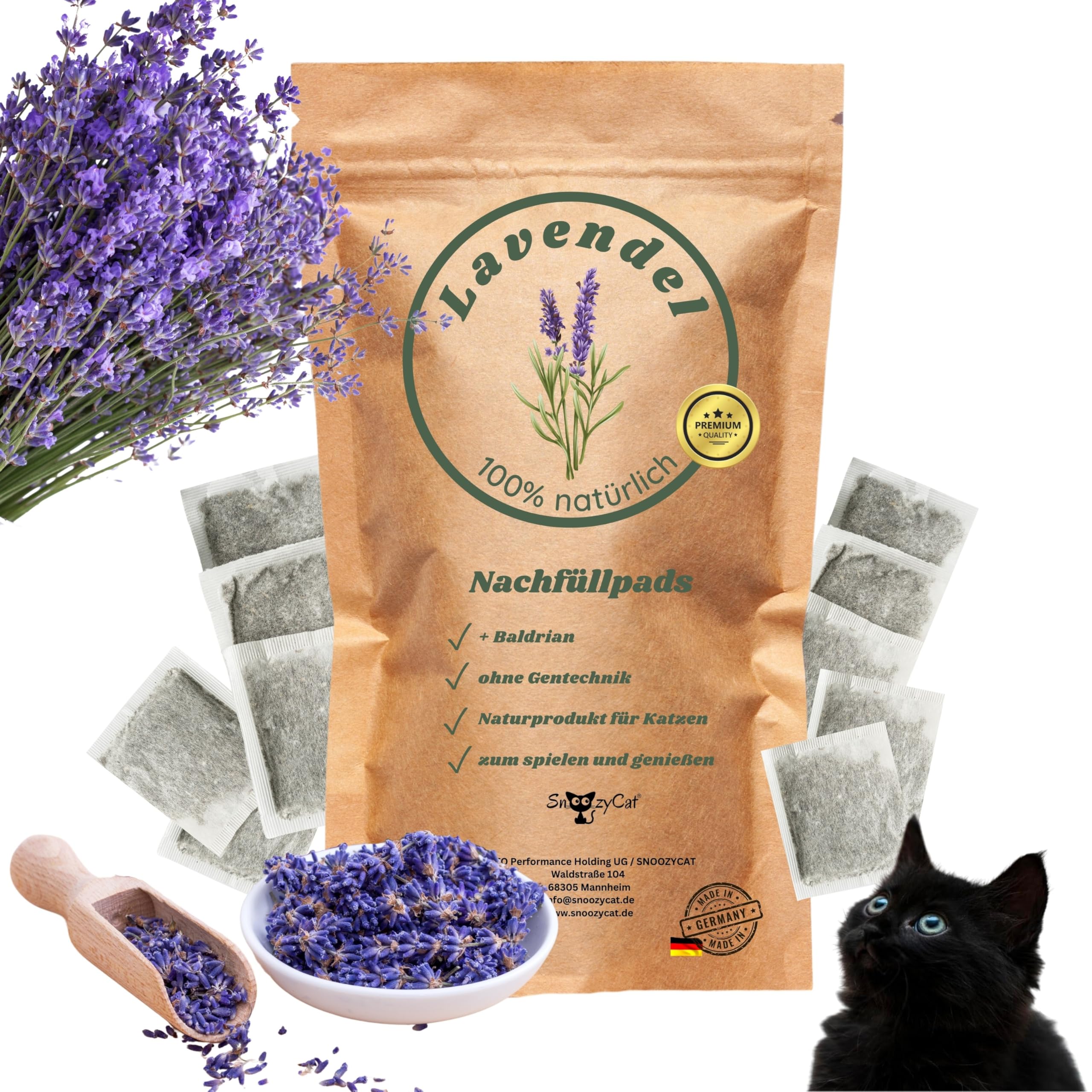 SNOOZYCAT® 10 Nachfüllpads für Katzen – Lavendel & Baldrian – 100 % natürliche Kräuter zum Nachfüllen für Katzenspielzeug – Tiefenentspannend & beruhigend – Made in Germany, handgemacht
