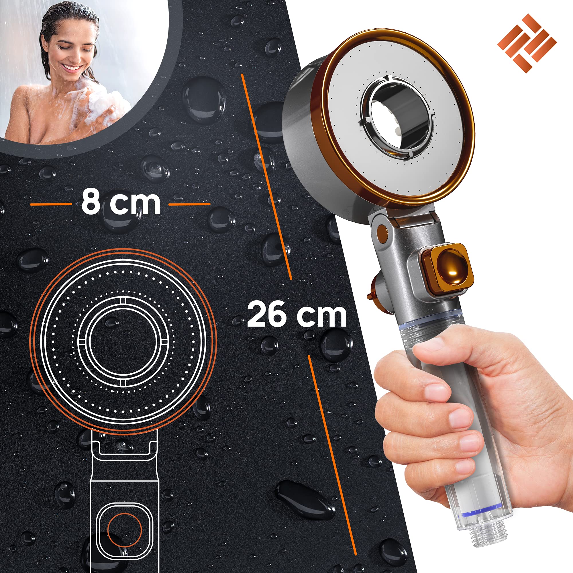 POWERLAP® Douchekop met filter en montagegereedschap, PP-katoenen filter, douchekop voor schoon en zachter water, boostermodus voor de perfecte waterdruk in je douche (mat zwart