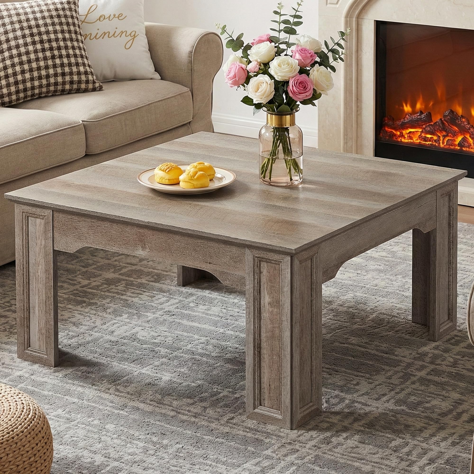 Square Coffee Table for Living Room, 39.4'' Farmhouse Wood Grain Finish Coffee Table with Carved Legs, Rustic Simple Style Center Table, Easy Assembly, Grey Wood