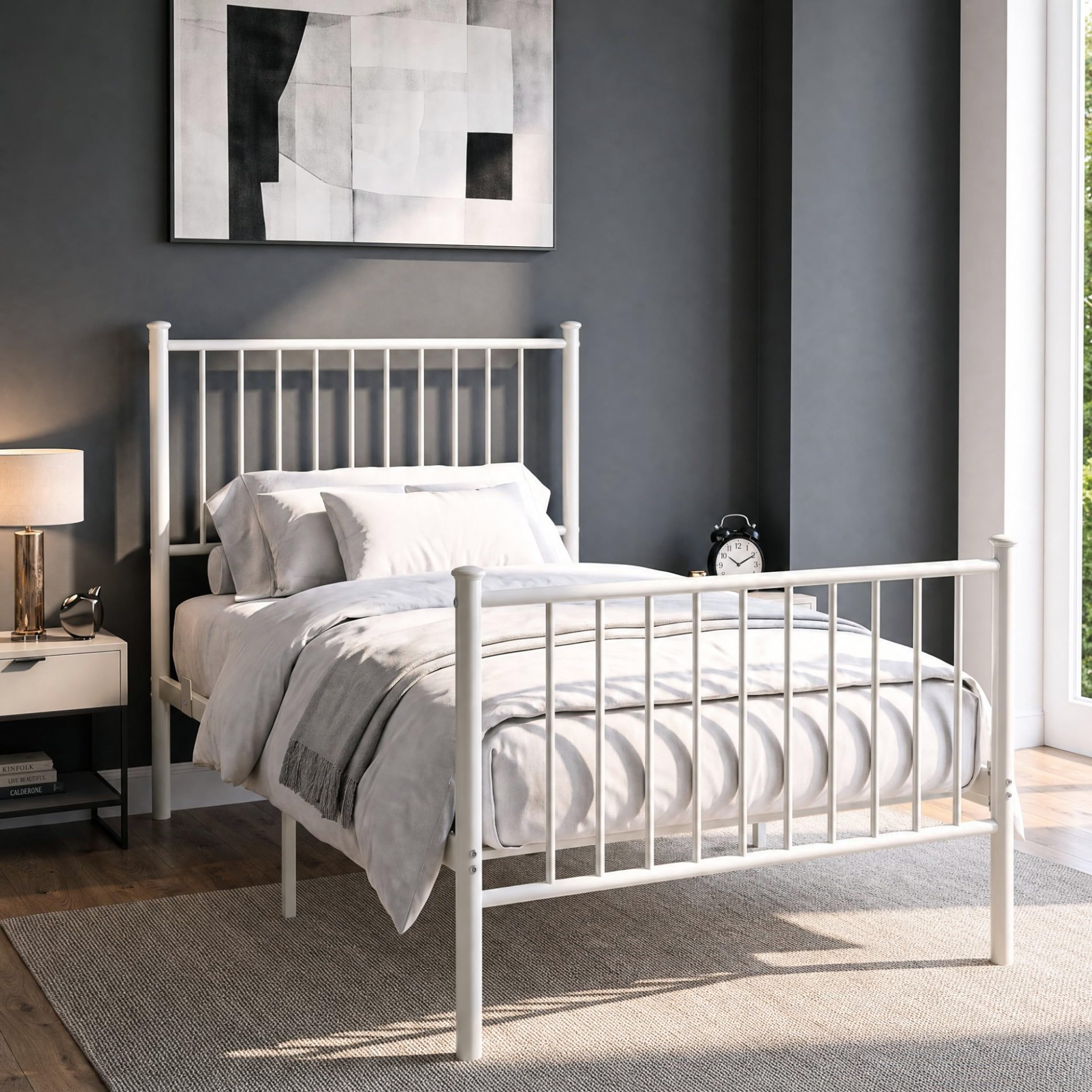 Blisswood Single Bed Frame Metal 3FT, Heavy Duty Metal Bed Frame with Vertical Headboard and Footboard, Solid Slatted Base, Under Bed Storage, No Box Spring Needed, 196 × 100 × 113 cm, White