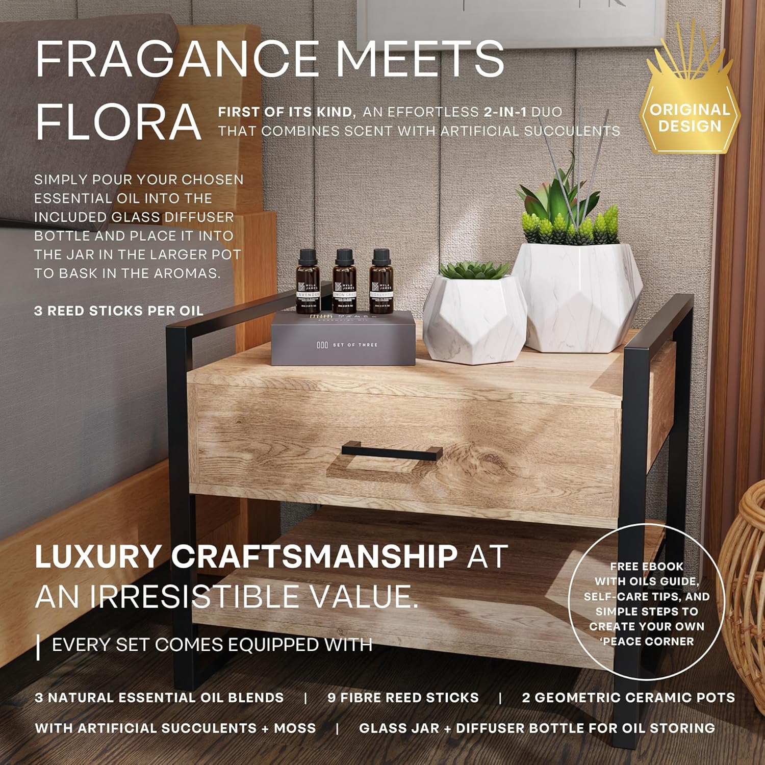 2in1 Reed Diffusers for Home & Faux Succulents Plants Artificial Set-Ceramic Potted Succulents x2 Pcs, Home Fragrance w/Lavender, Lemongrass, Eucalyptus Essential Oilx3 bottles 30ml with 9 Reed Sticks - Image 4