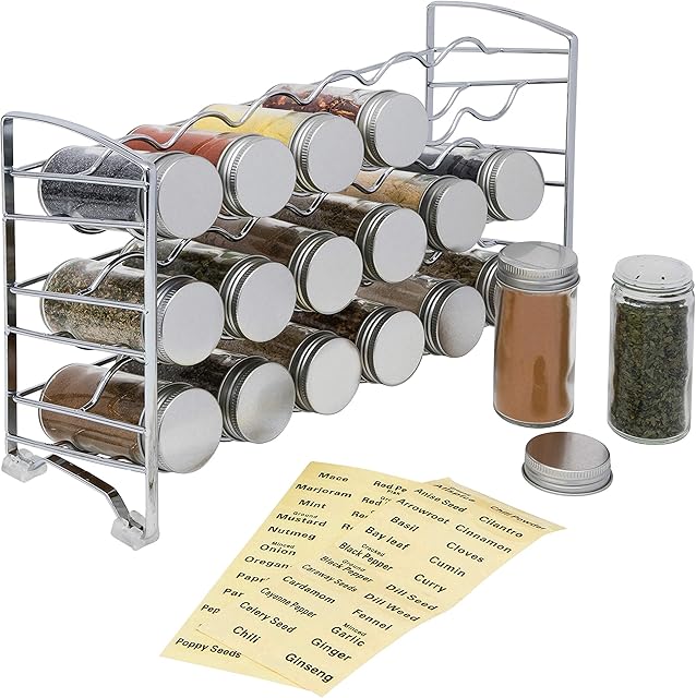 Amtido Spice Rack Storage | 3 Tier Free Standing Organiser | With 18 Empty Glass Jar Bottles and 48 Labels | Inside Kitchen Cupboard Pantry for Herbs and Spices Tidy | Metal  Chrome