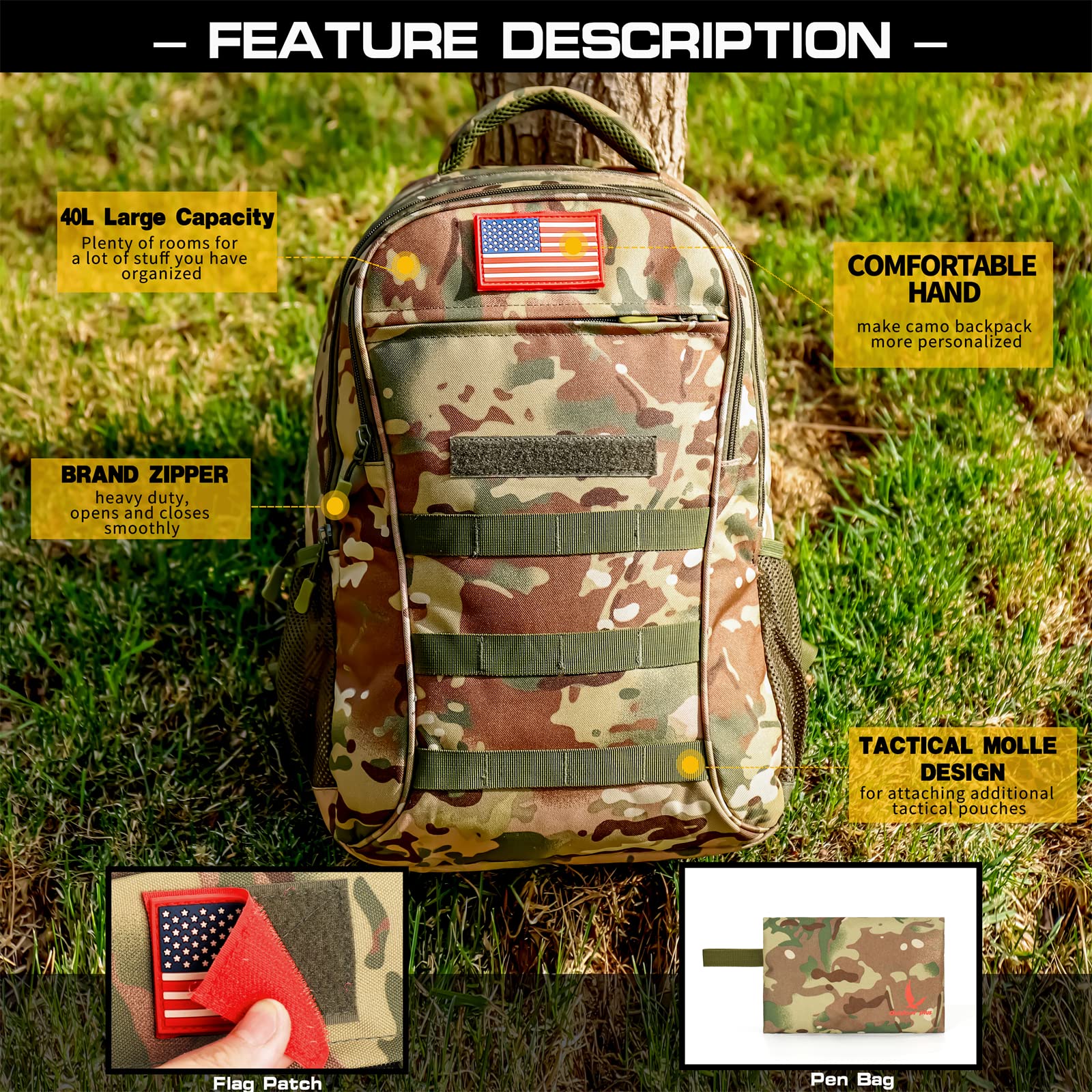 Outdoor Plus Camo Tactical Backpack - 30L/40L, Molle Webbing, USB Port, School & Outdoor Daypack For Boys