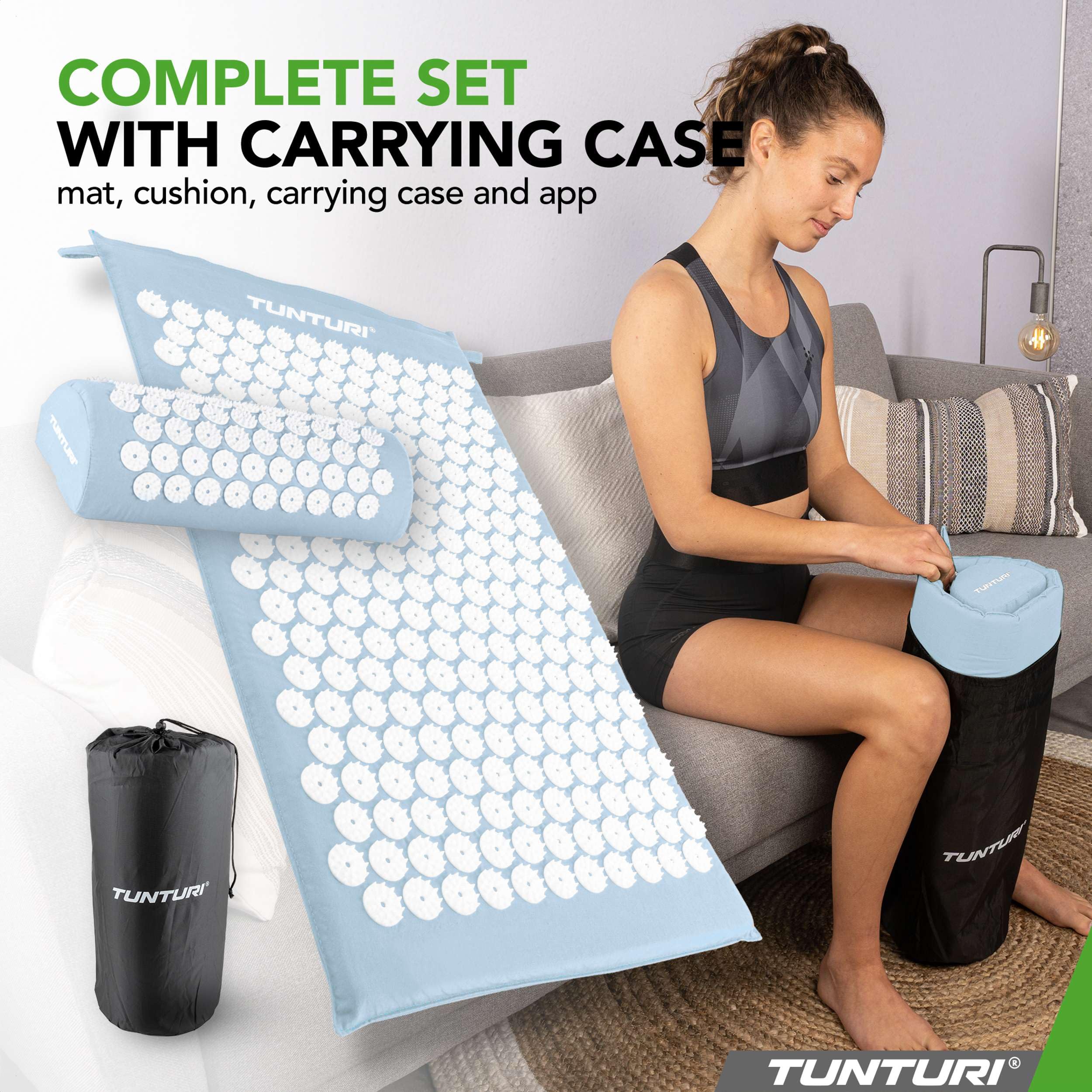 Tunturi Tappetino per agopressione con cuscino, tappetino per agopuntura, per schiena, collo, piedi, tutto il corpo, 2 in 1, tappetino per agopressione, anti-stress, 68 x 42 x 2 cm, azzurro