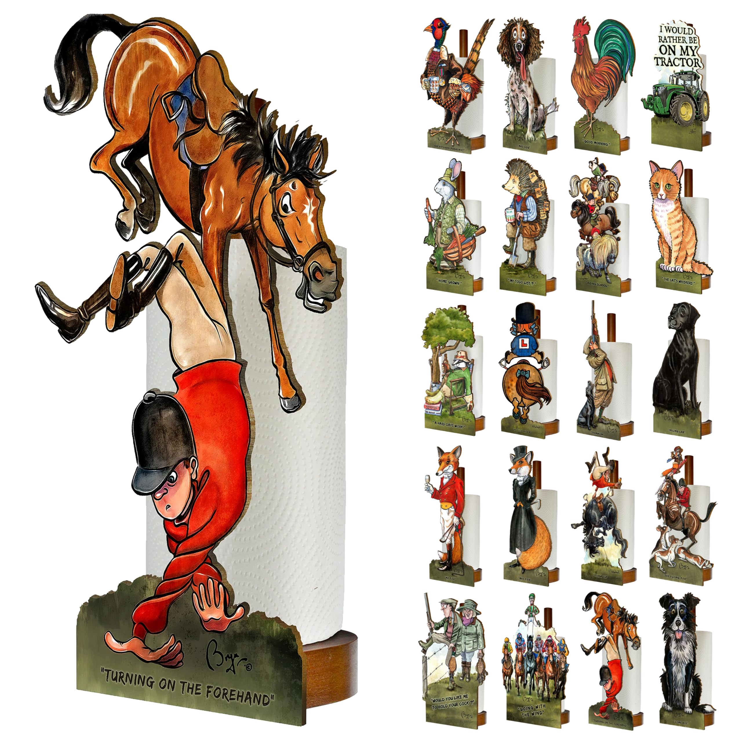 Looprints Women's Equestrian Fun Toilet Roll Storage & Kitchen Towel Holder Wooden Stand | Bryn Parry Eventing Art | Novelty Kitchen & Bathroom Decor & Accessories | Adds A Touch Of Humorous Decor To Any Equesrtian Home