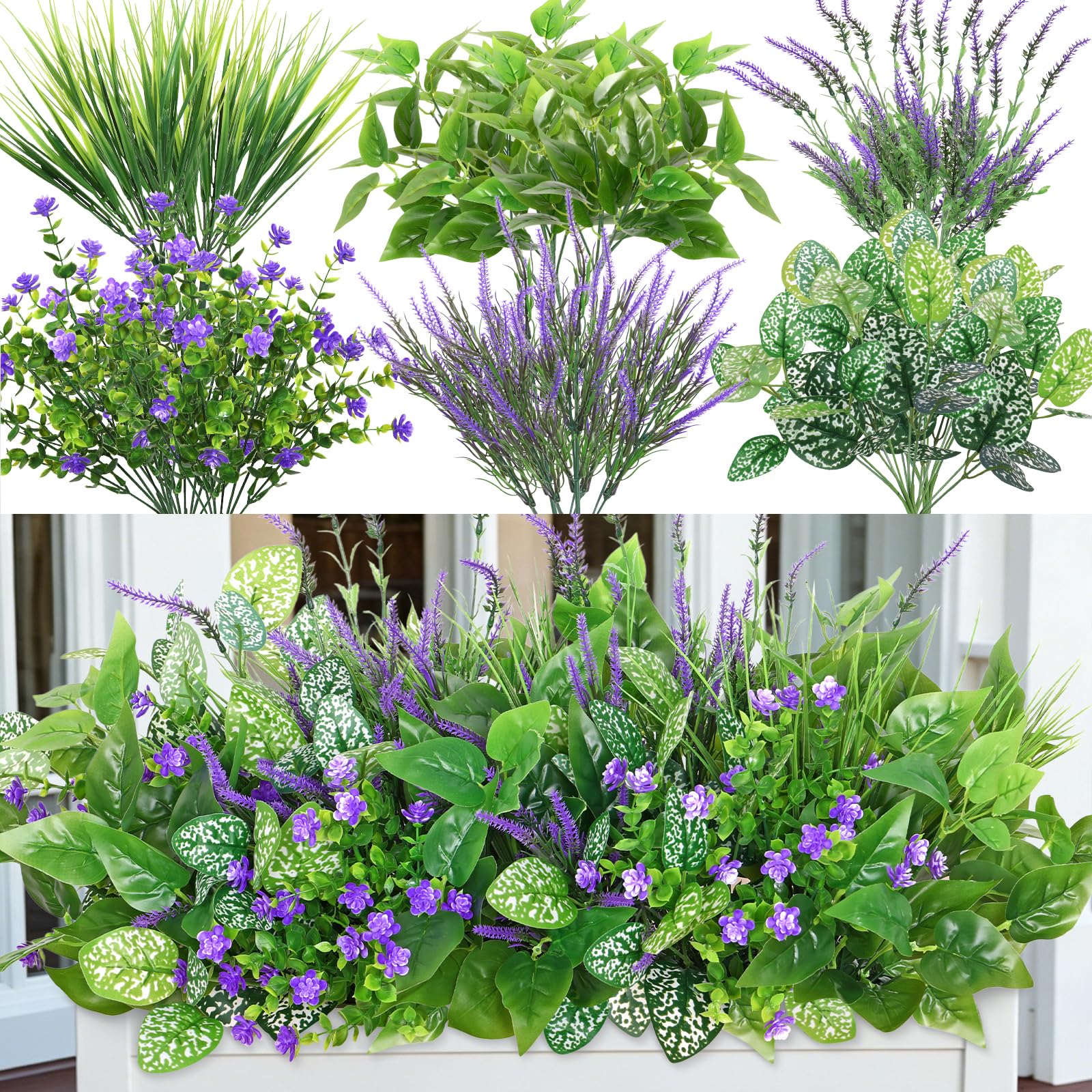 UXORSN 18PCS Artificial Flowers Plants Outdoor Fake Plant UV Resistant Lavender Plastic Leaves with Stems Artificial Greenery Grass Plants Faux Shrubs Bushes for Garden Porch Planter Window Box Decor