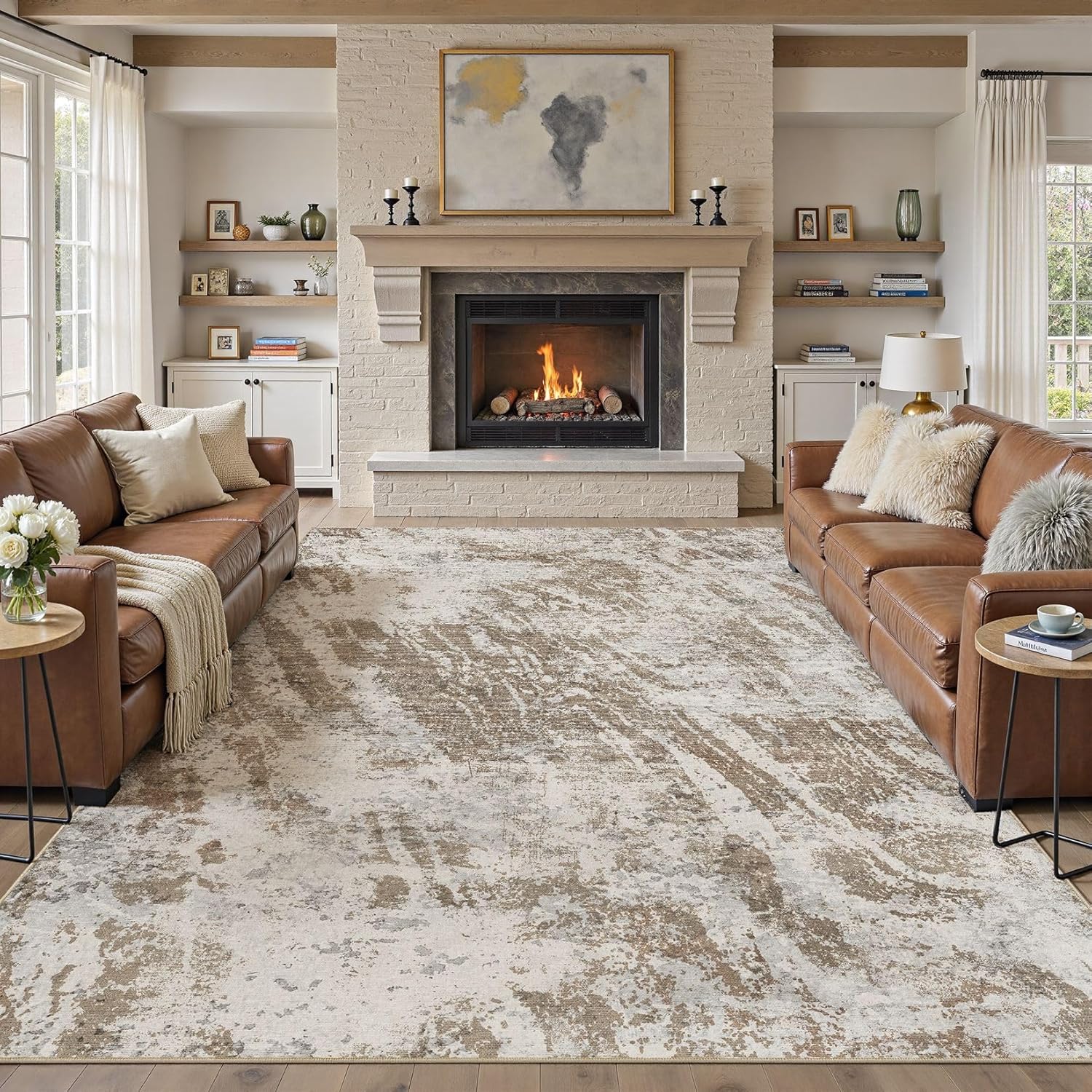 8x10 Washable Area Rug: Abstract Modern Non-Slip Carpet, Soft Low Pile Indoor Neutral Easy Clean Floor Rugs for Living Room Bedroom Dining Room Kids & Pets - Brown