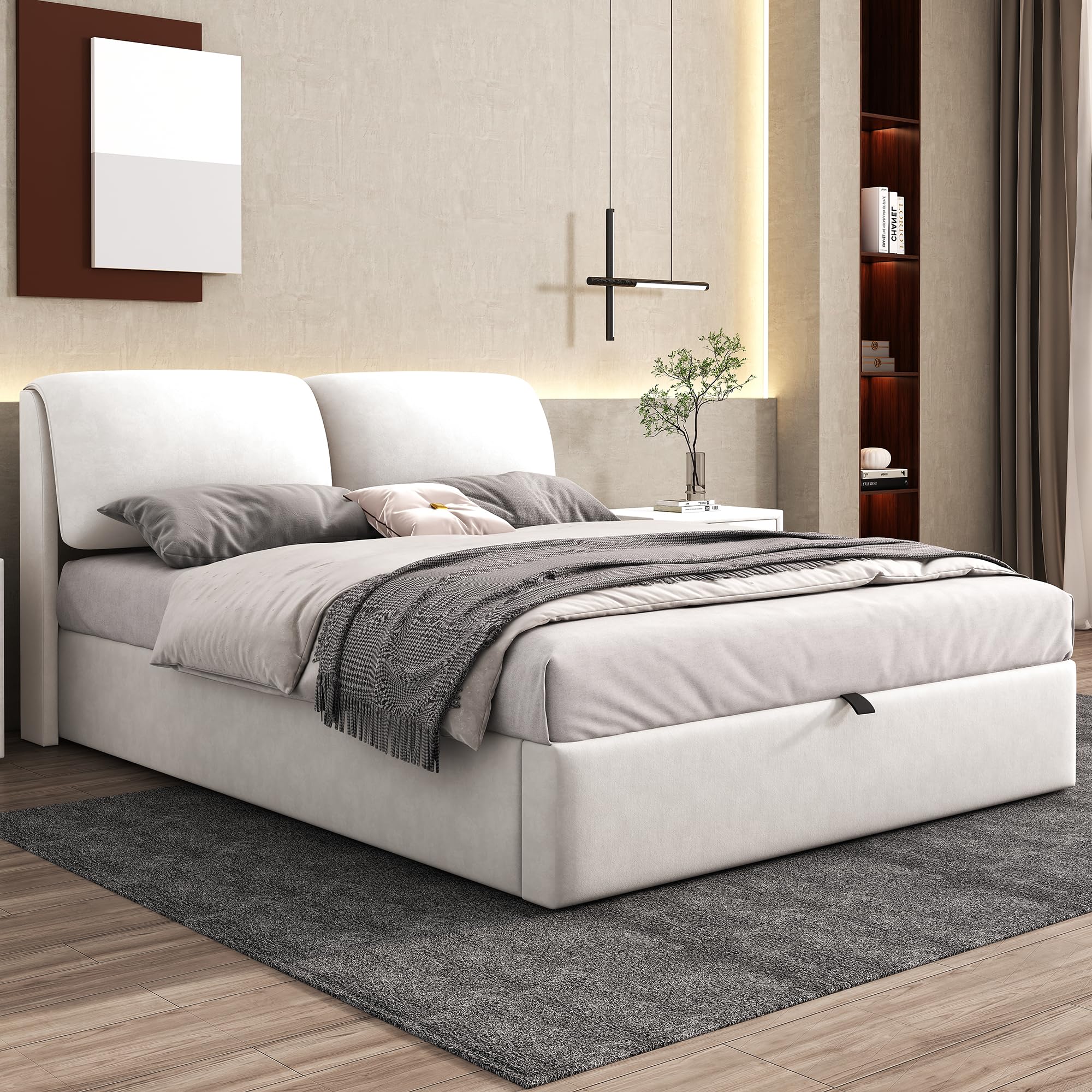 Sapgaks Lit Coffre 140 x 190 avec sommier à Lattes et Trois tiroirs,Cadre de lit 1 Personnes140 x 190 avec Rangement et tête de lit,sans Matelas,Velours,Beige