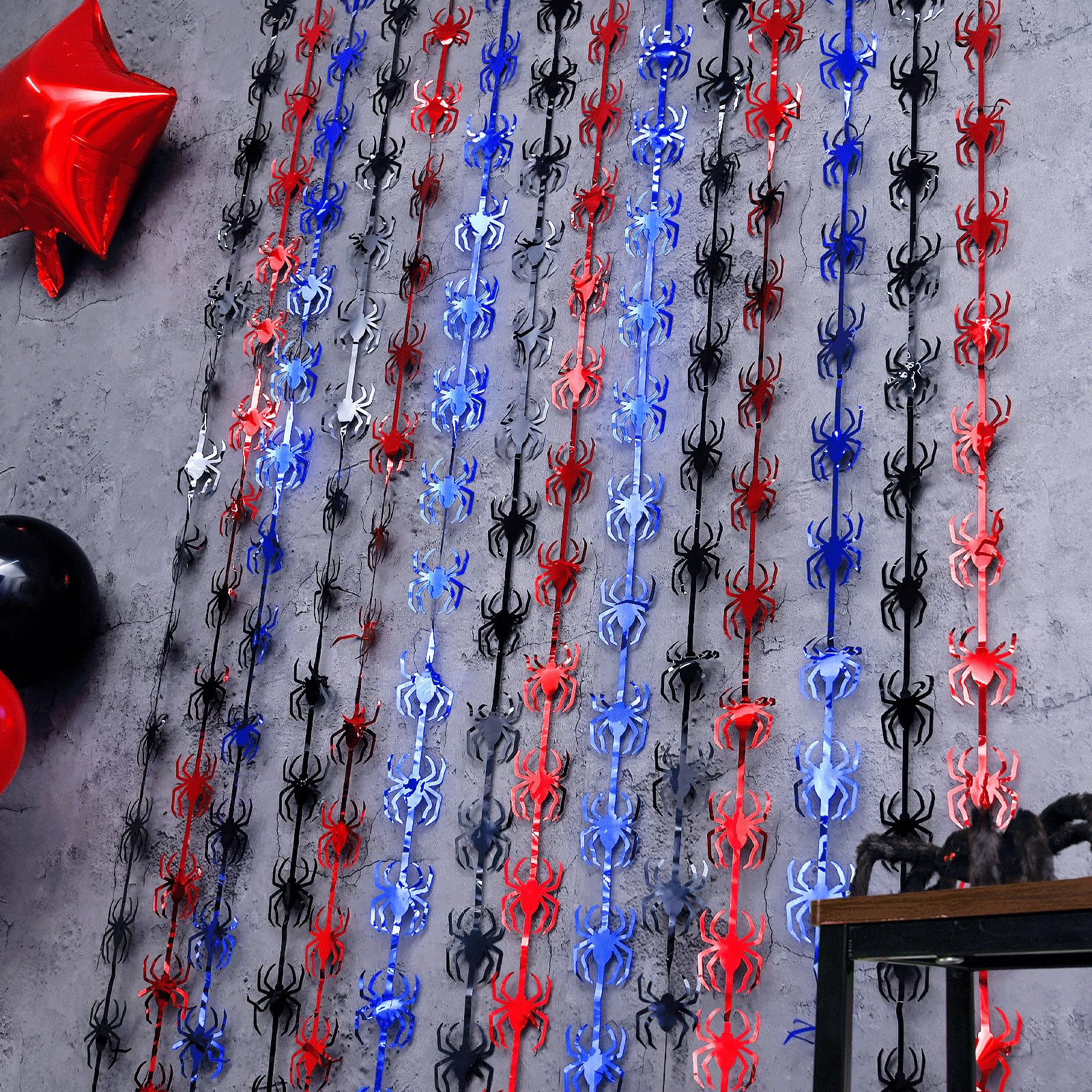 Bupelo Decoraciones de cumpleaños de telaraña, Paquete de 2 Unidades, Suministros de Fiesta de cumpleaños de araña roja, Negra y Azul, 1 x 2 m, Cortinas de Flecos de Papel de Aluminio de oropel para