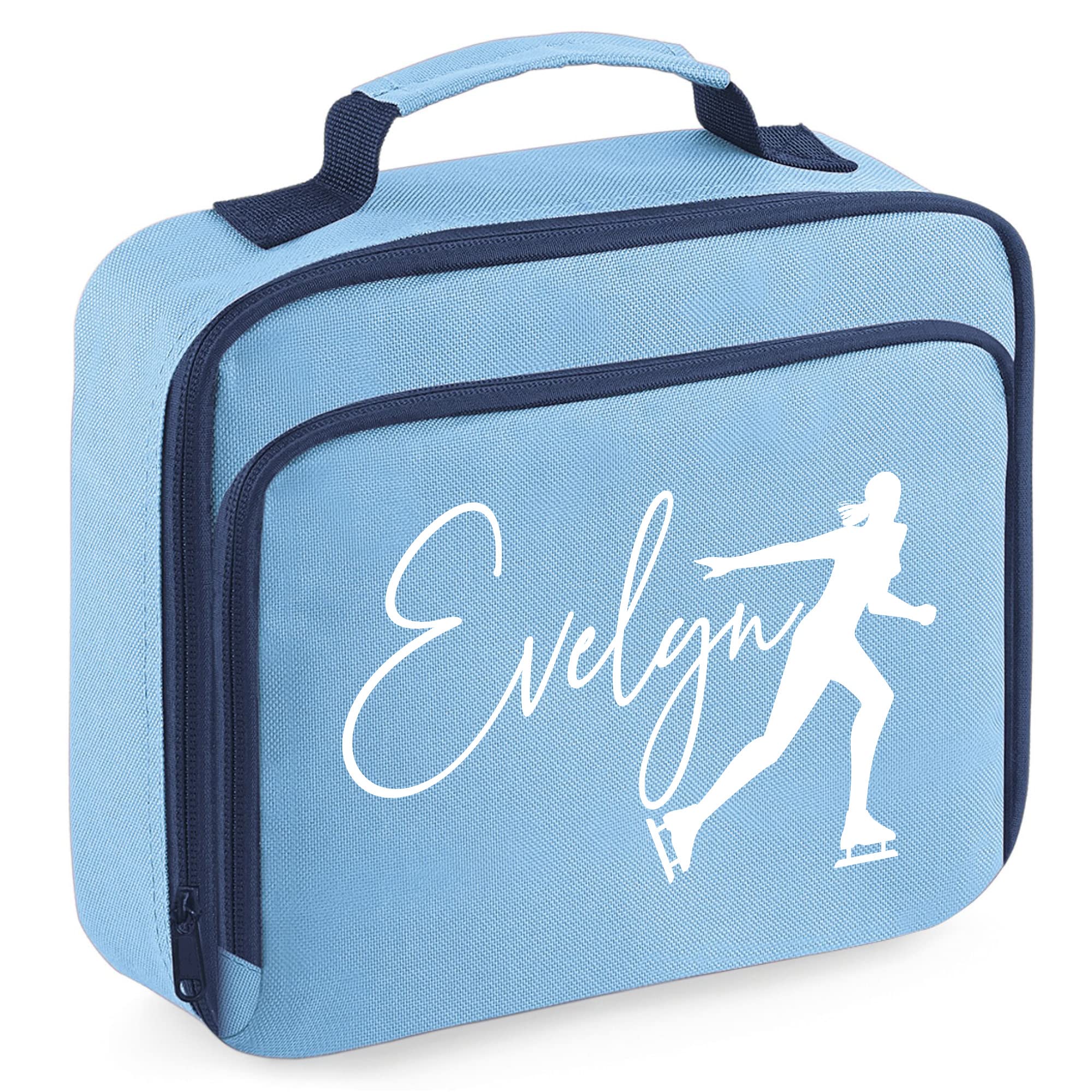 Personalised Girls Ice Skating Lunch Bag, Girls Ice Skates Lunch Cooler Bag, Back to School Gifts for Daughter, Kids Primary Nursery Ice Skater Lunch Box, Sky Blue