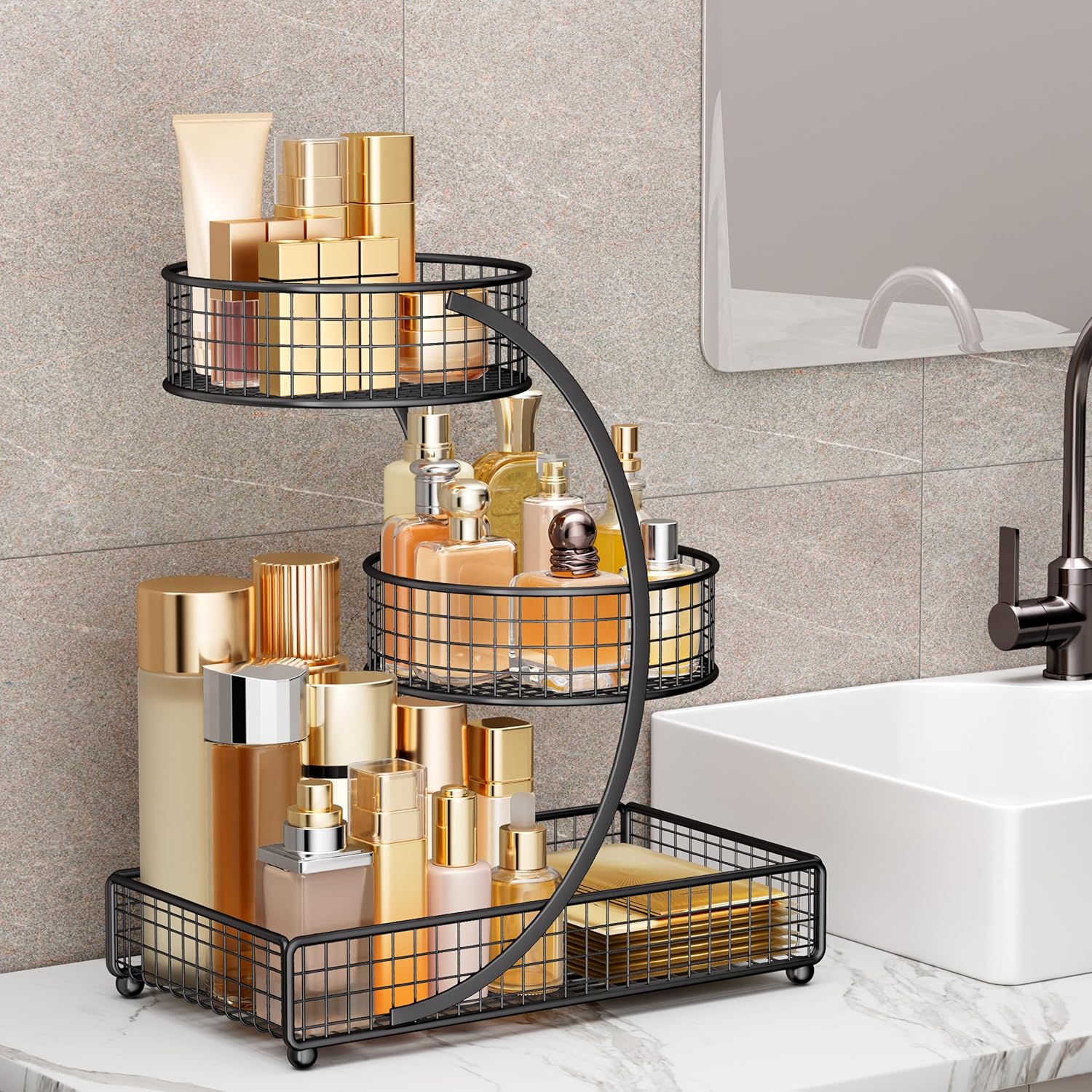 HBlife Makeup Organizer for Vanity, 3 Tier Metal Bathroom Countertop Organizers Skin Care Storage, Bathroom Counter Shelf Skincare Holder Perfume Cosmetic Display, Black
