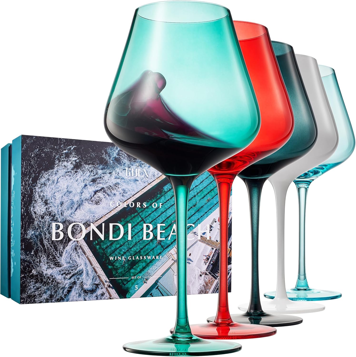 Colors of Venice Wine Glasses, Italy Colored Wine Glass Set, 20oz With Gorgeous Gift Box | Set of 5 | Traveler, Explorer, Italian Gifts - Drinkware For Red & White Wines, Unique Style Tall Stemmed