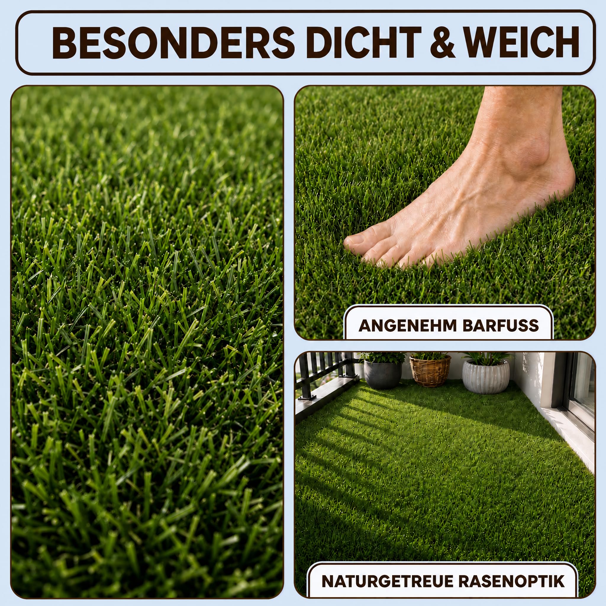 Hochflor Kunstrasen 20 mm, 200x200 cm, dekorativer Rasenteppich für Balkon, Terrasse und Garten, wetterfest und pflegeleicht