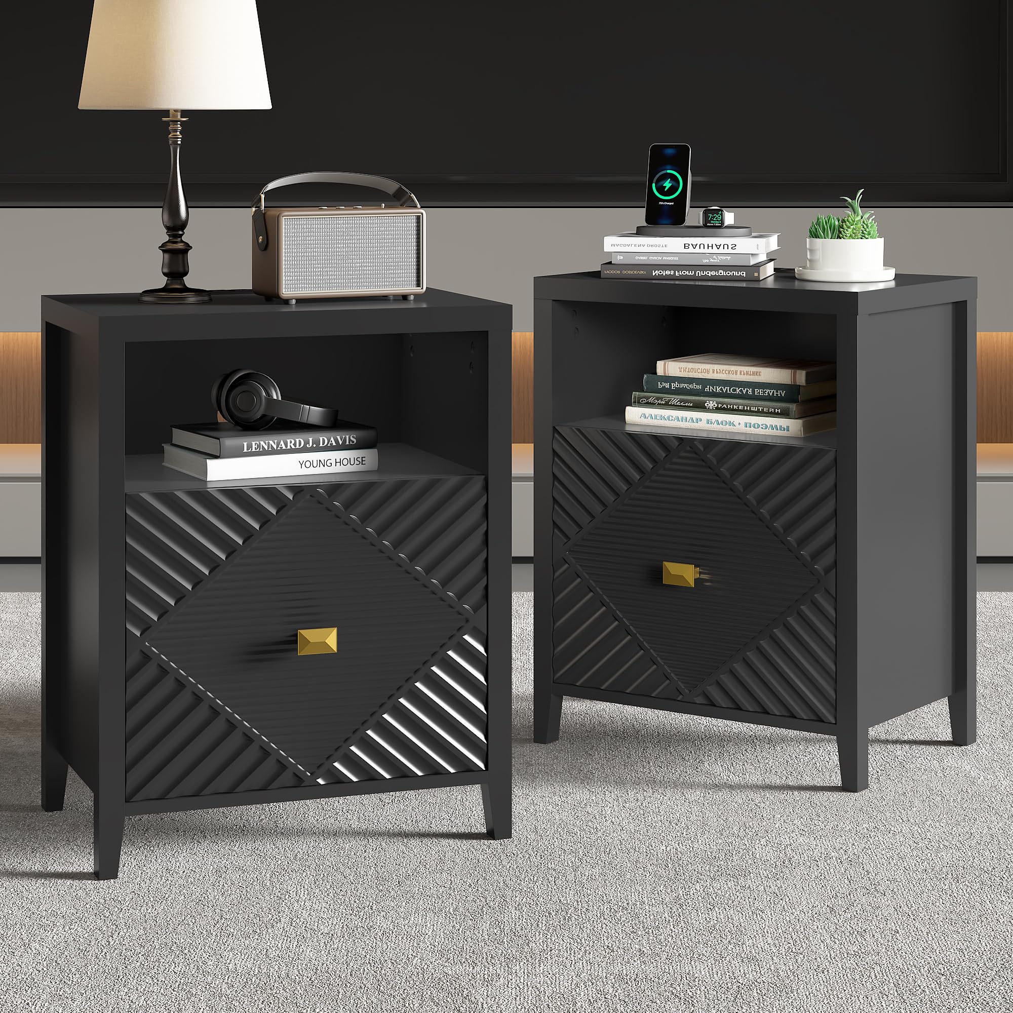 Modern Nightstands with Charging Station, Set of 2, 19.68" Bedside Tables with Drawer and Open Shelf, End Tables with USB Ports and Outlets for