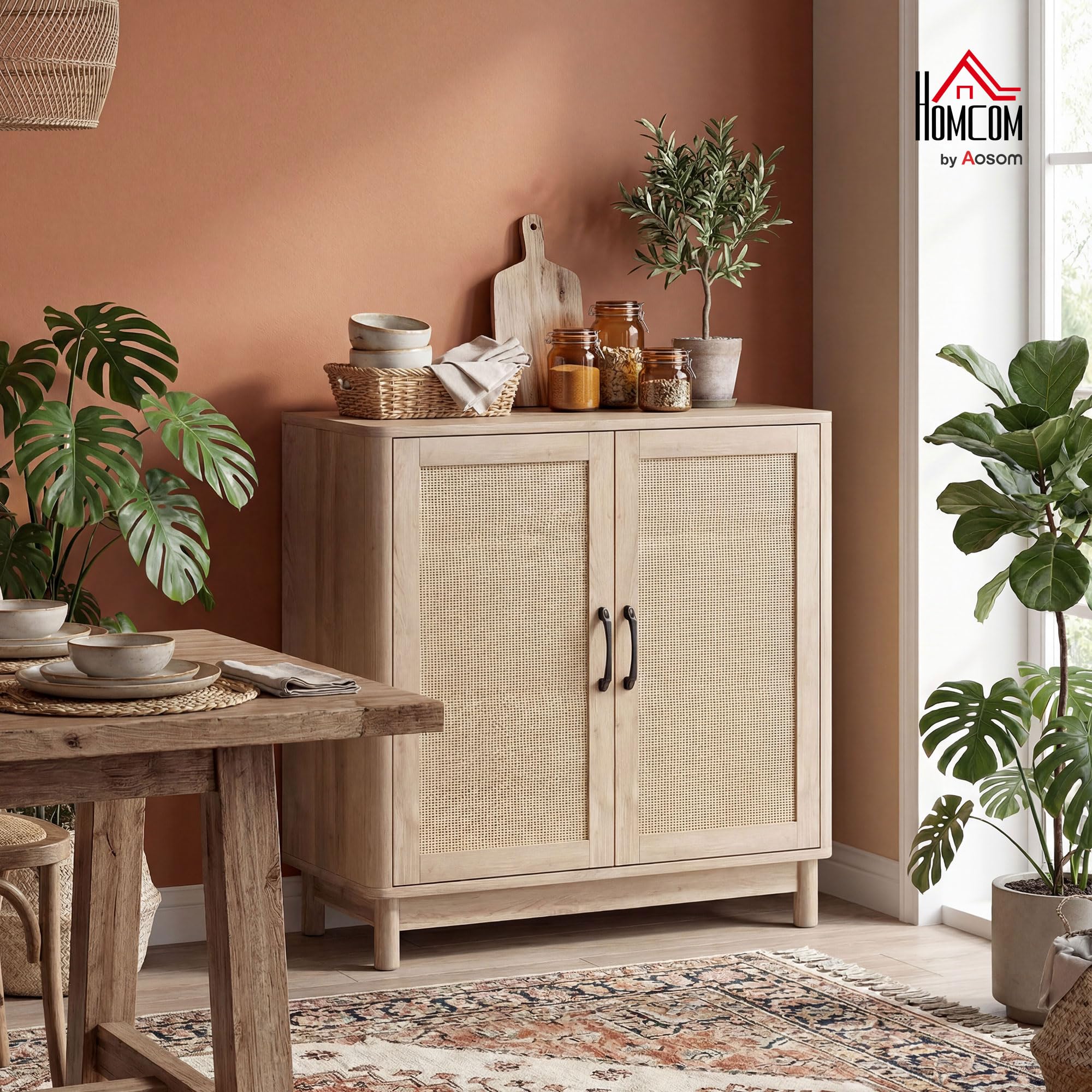 HOMCOM Aparador Salón 2 Puertas de Ratán Estilo Bohemio 76 x 35 x 75,5 cm Roble | Mueble de almacenamiento, estante ajustable, bordes redondeados, aparador, comedor y cocina