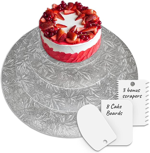 volila Cake Board Circular Silver Cake Boards for Cake Base (8 Pack), Birthdays, Weddings and Parties reusable Cake Drums in Silver Hard Card with 3 Cake Icing Scrapers (2 x 6, 8, 10, 12)