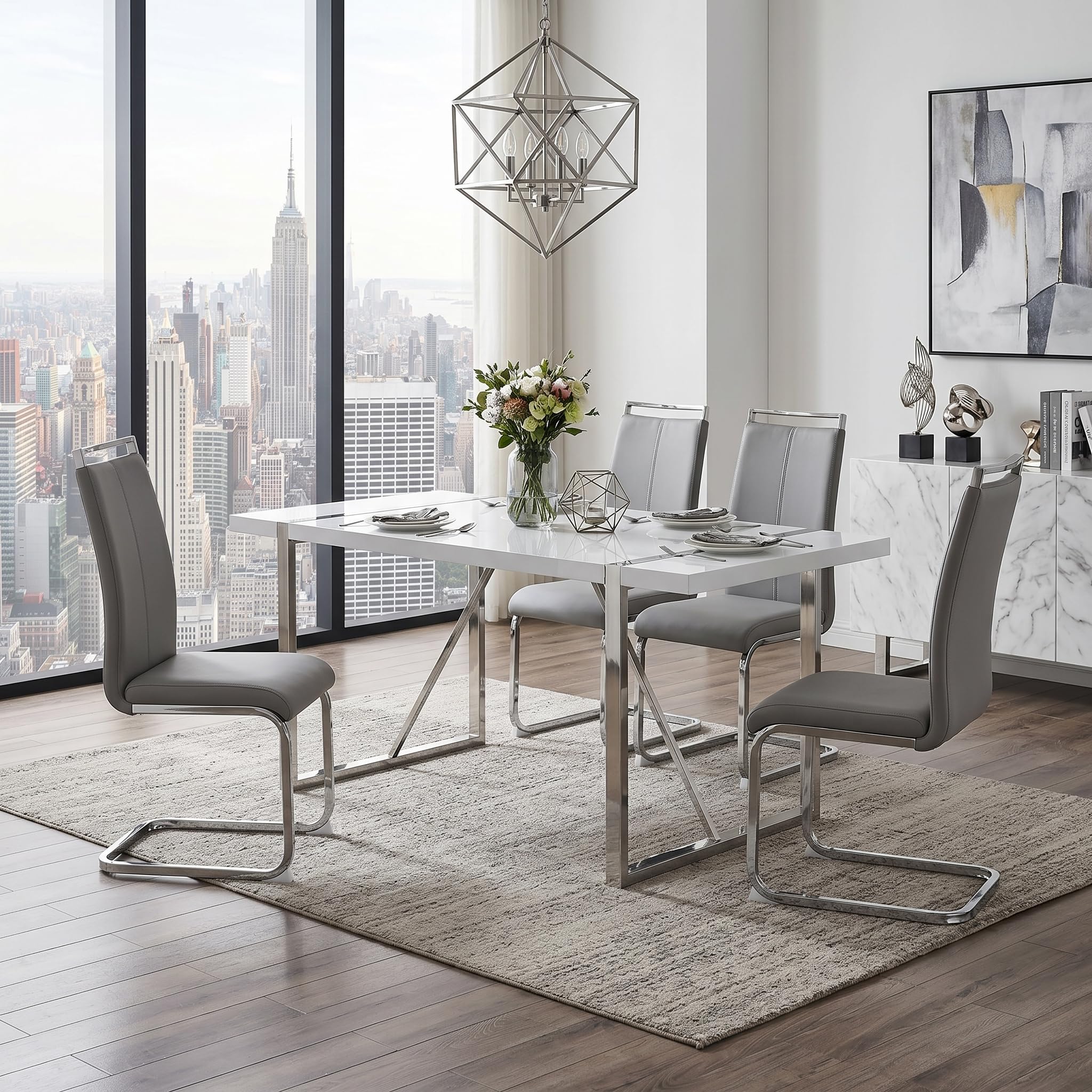 gopop Dining Table Set for 4, Kitchen Table Chairs Set of 4, 55" White High-Gloss Lacquered Tabletop & Electroplated Metal Frame, Modern Kitchen