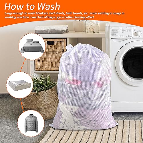 Vista 6 de Polecasa Bolsas de lavandería grandes de malla de diamante extra resistentes con cierre de cordón y etiqueta de identificación, bolsa de A-white