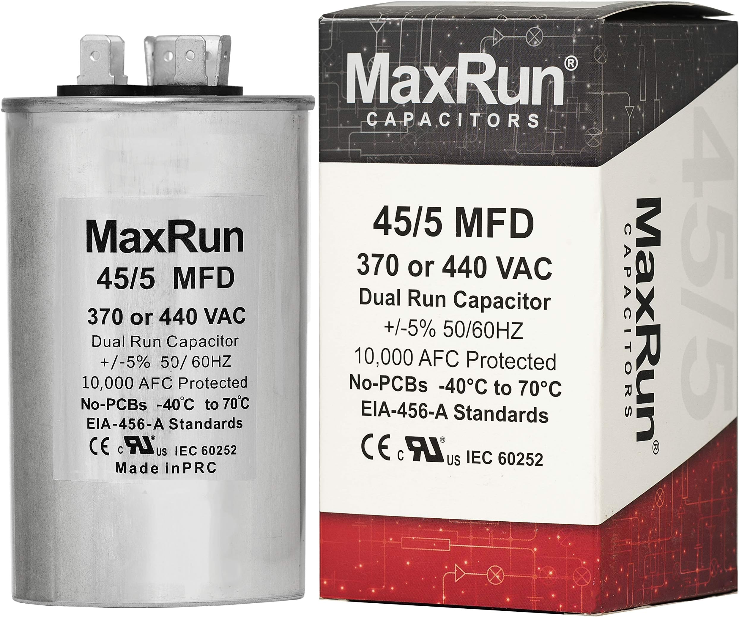 MAXRUN 45+5 MFD uf 370 or 440 Volt VAC 45/5 Microfarad Dual Run Capacitor for Air Conditioner or Heat Pump - Runs AC Motor and Fan - 1 Year Warranty