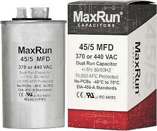 MAXRUN 45+5 MFD uf 370 or 440 Volt VAC 45/5 Microfarad Dual Run Capacitor for Air Conditioner or Heat Pump - Runs AC Motor and Fan - 5 Year Warranty