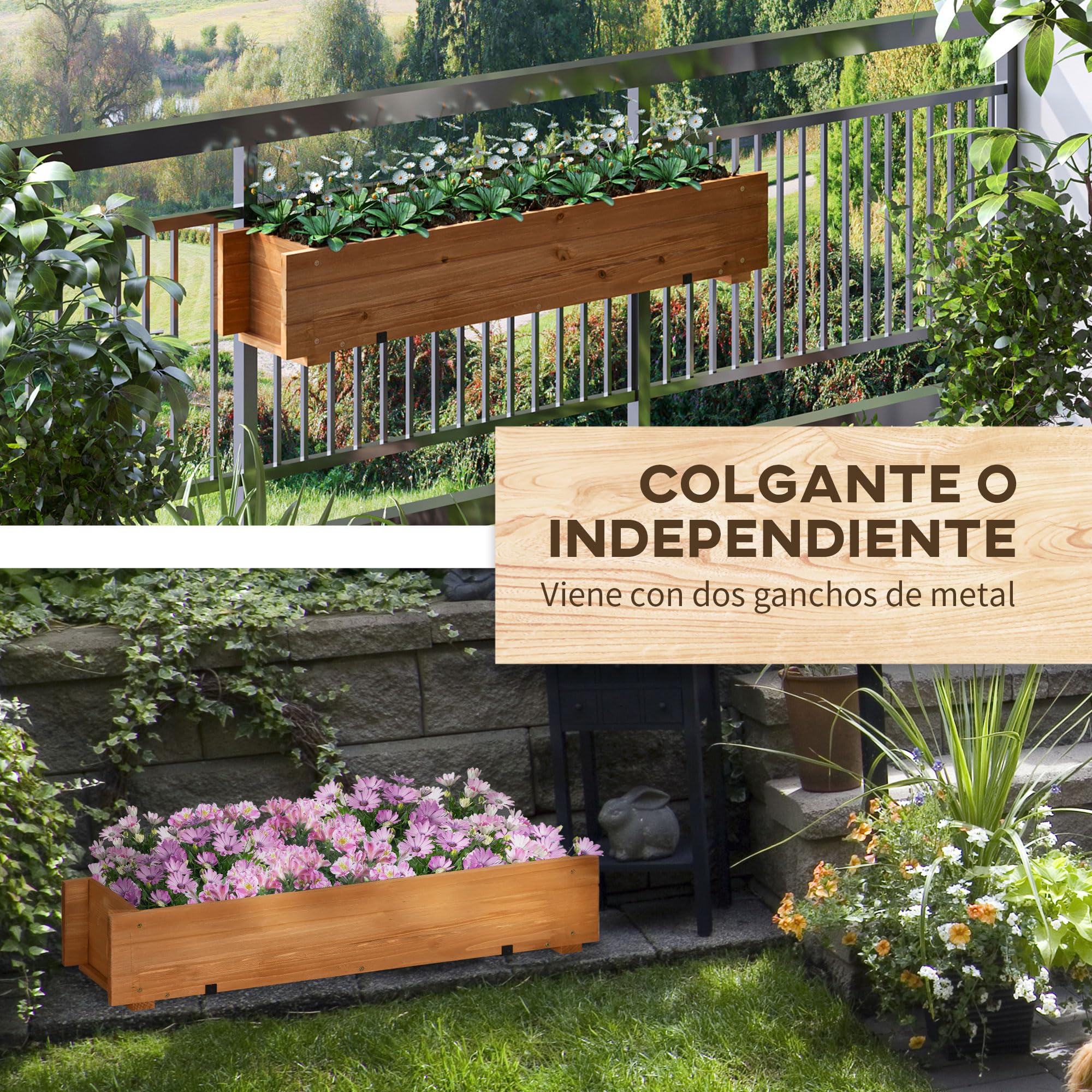 Outsunny Arriate de Madera de Suelo o Pared Jardinera Rectangular Huerto Urbano con 2 Orificios de Drenaje y 2 Ganchos para Cultivos Plantas Flores en Balcón Jardín Terraza 91x18x16,5 cm Natural