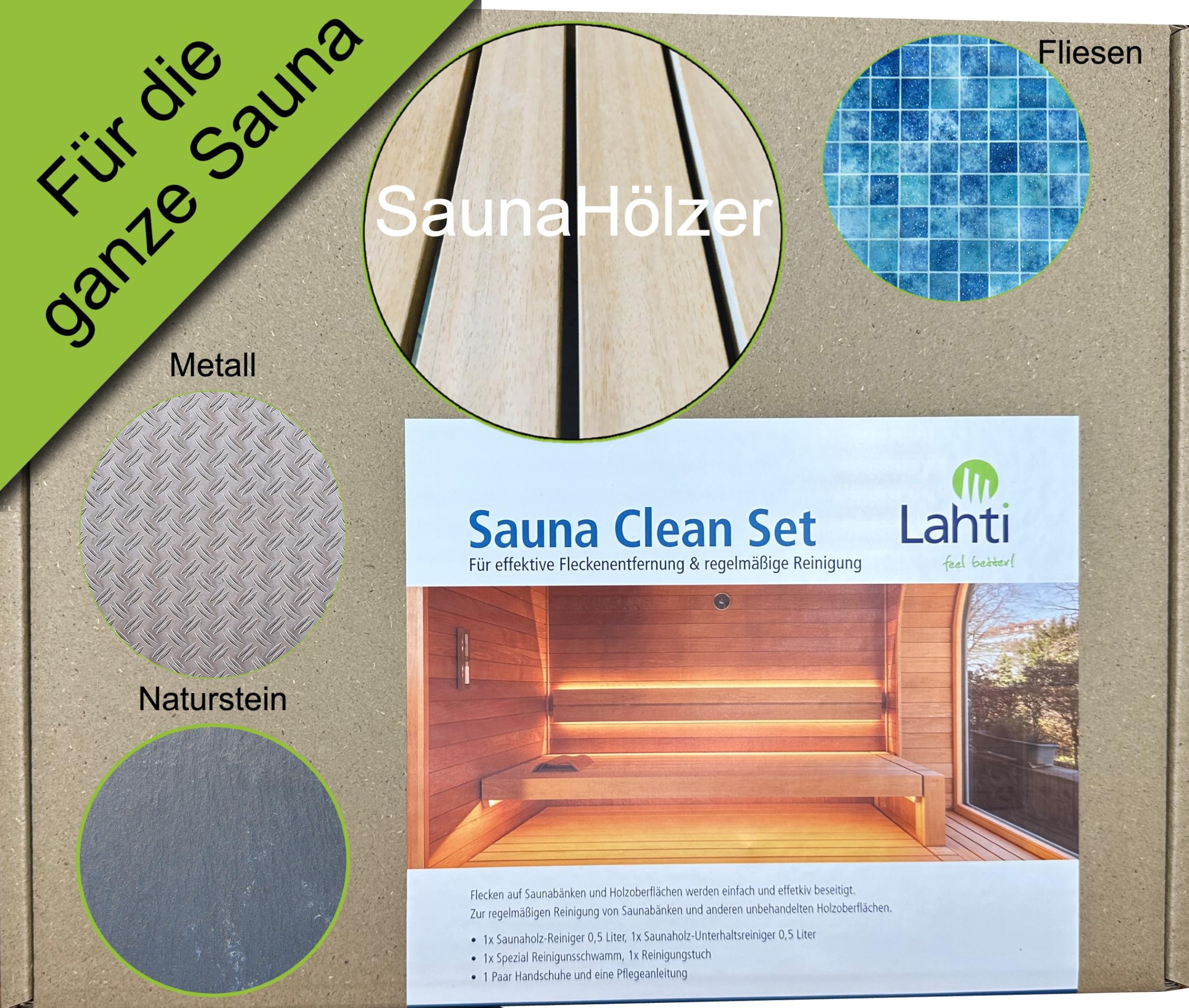 Lahti Sauna Clean Set – Solución completa para limpieza de sauna, madera y azulejos | Biodegradable