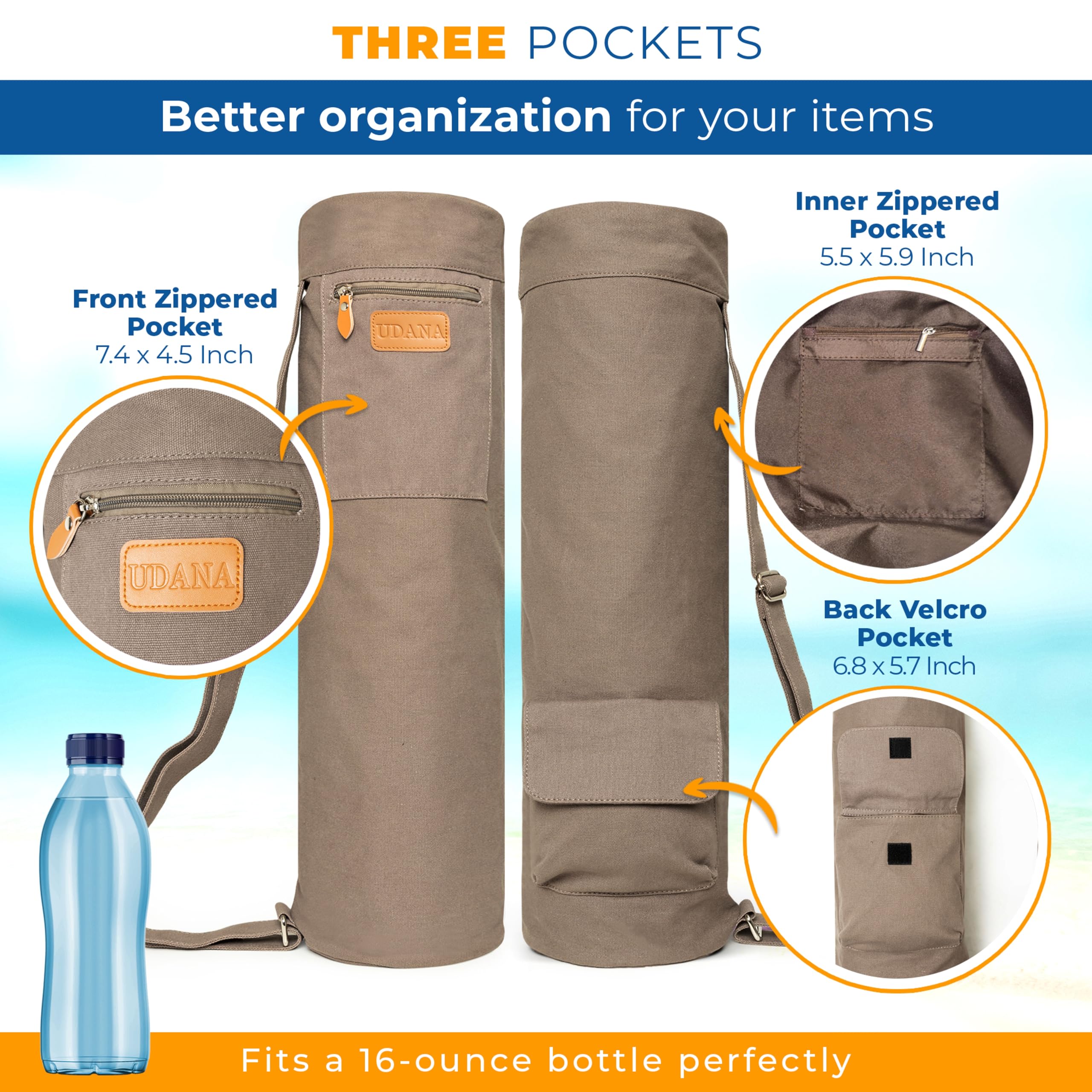 UDANA Yogamatten-Tasche – alle passen – Yogamatten-Tragetasche mit 3 Taschen – passend für alle Mattengrößen – Reisen, Studio, Fitnessstudio