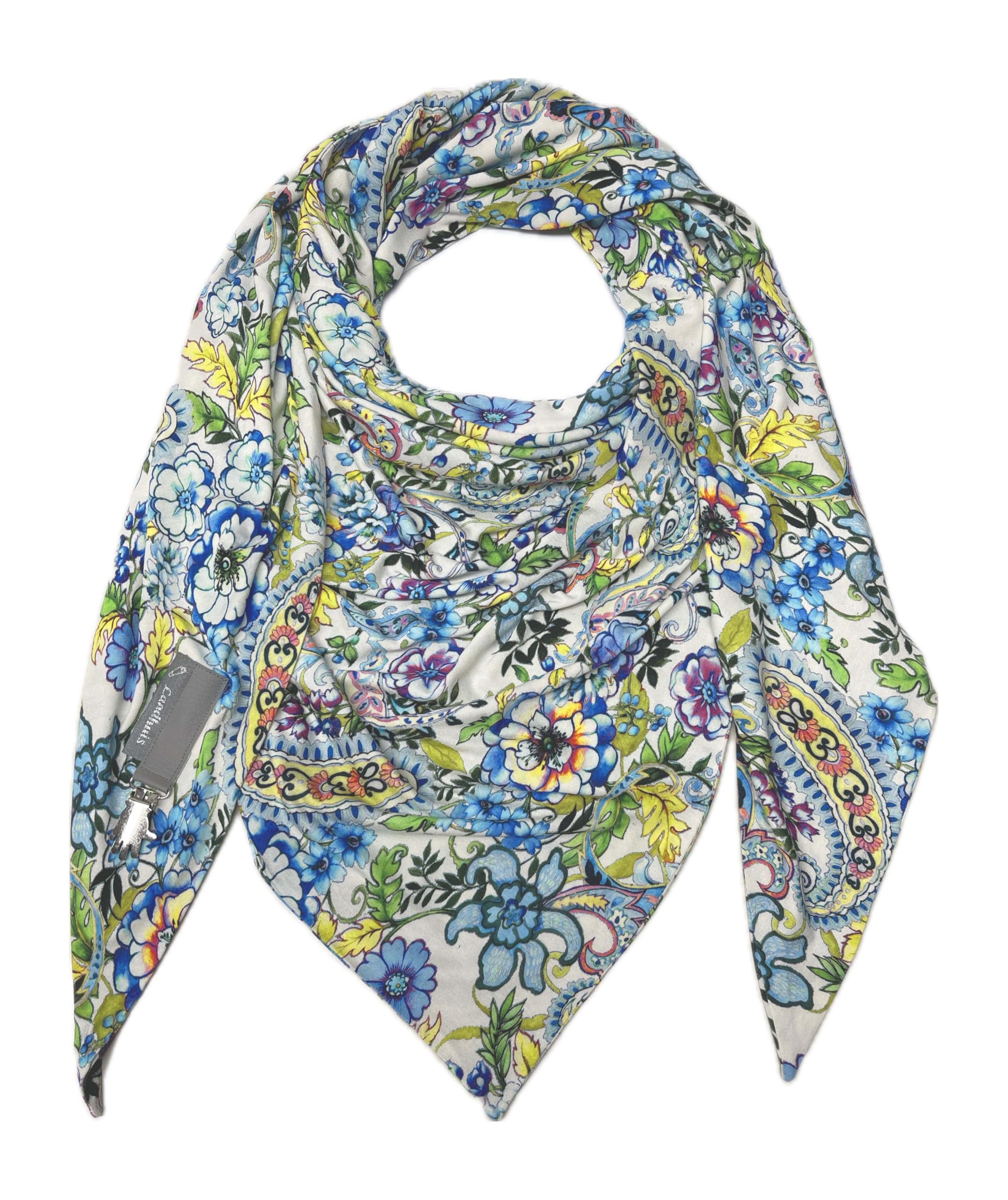 handmade - Handgemachtes XXL Dreieckstuch Paisley & Blüten – Viskose Jersey – bunt – beidseitig tragbar – mit Clipverschluss