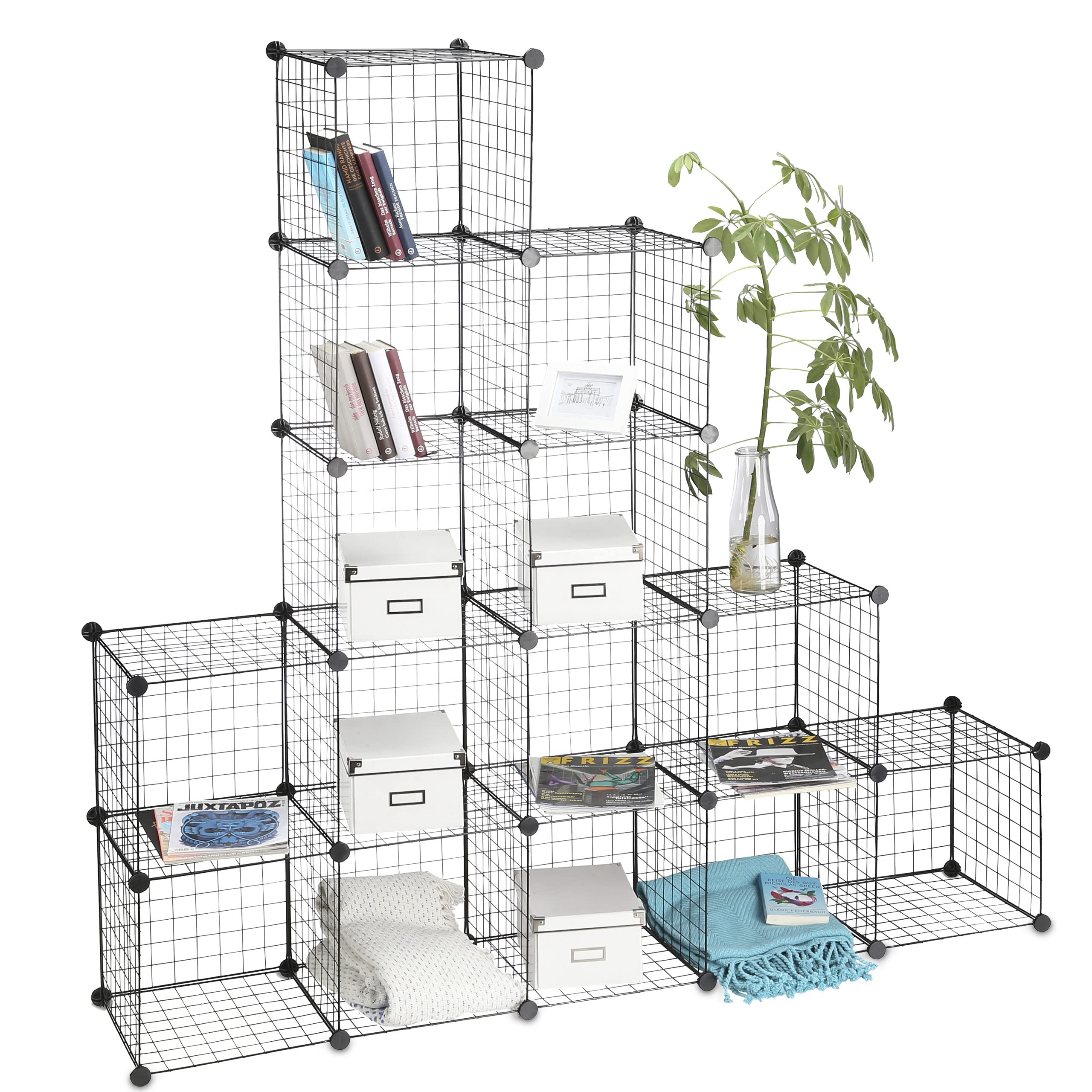 Relaxdays Estantería Modular con 16 Compartimentos, Metal, Negro, 126.5 x 126.5 x 31.5 cm