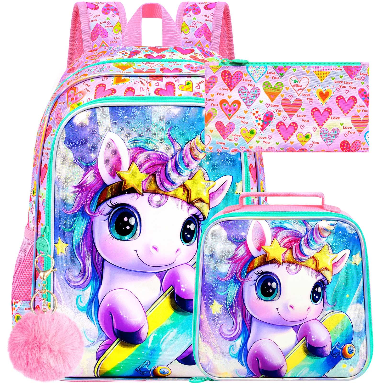 UFNDC 3PCS Girls Unicorn Skateboard Backpack Set, 16" Bookbag with Lunch Box, Water Resistant School Bag for Elementary Preschool