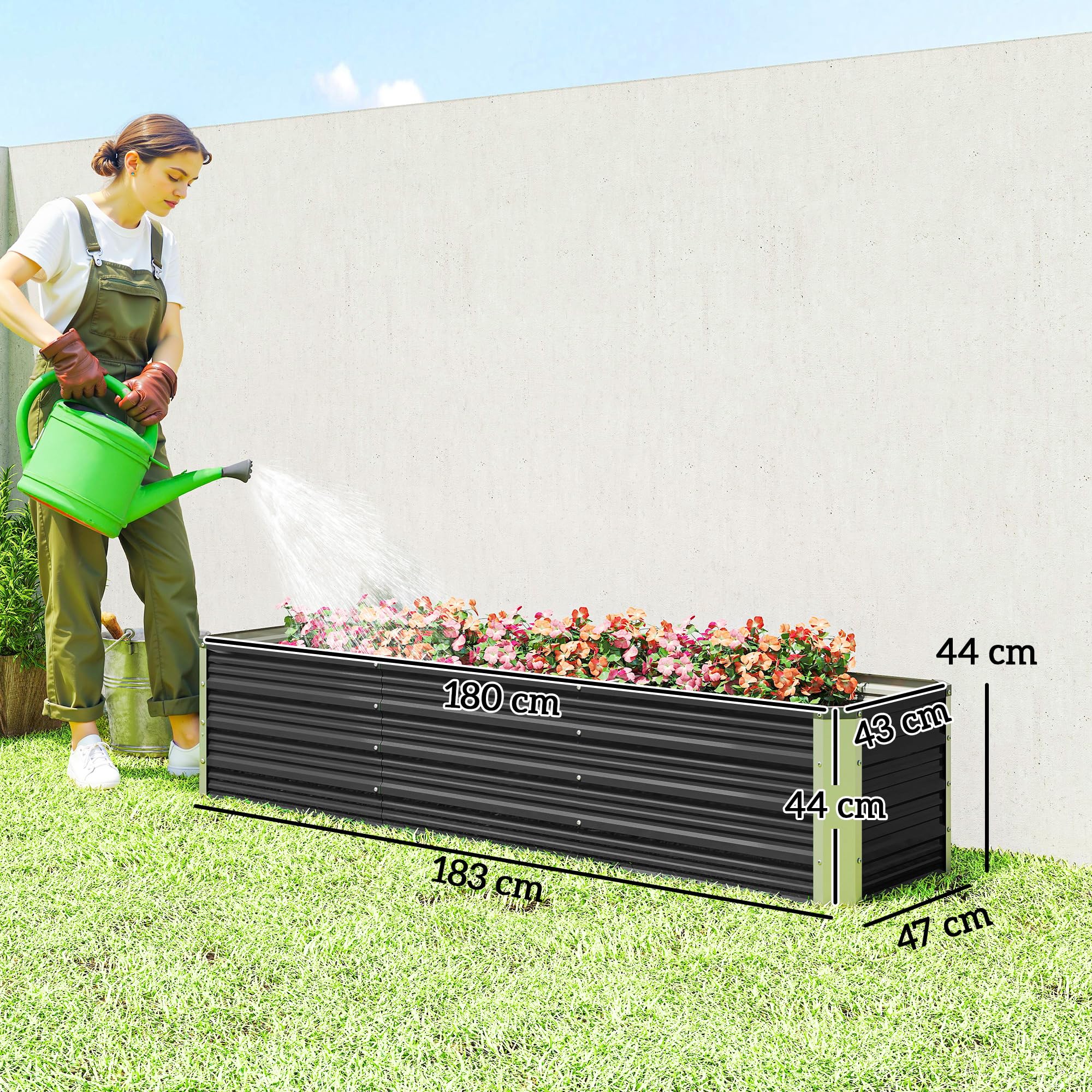 Outsunny Jardinière surélevée en Acier avec Gants 183x47x40 cm Gris | Lit de Jardin, Carré Potager de Jardin pour Fleurs, Herbes, Légumes