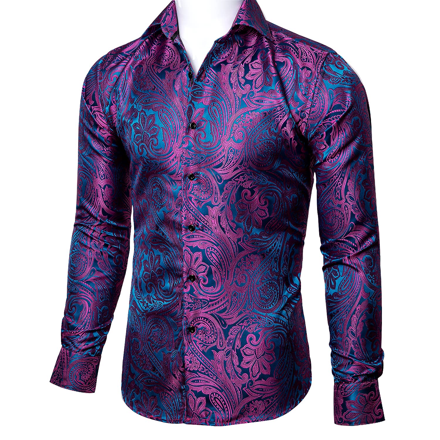 Barry.Wang Men's Paisley Shirt Bequemer Schnitt für große und große Männer Seide Jacquard Business Hochzeit Freizeithemd für Männer