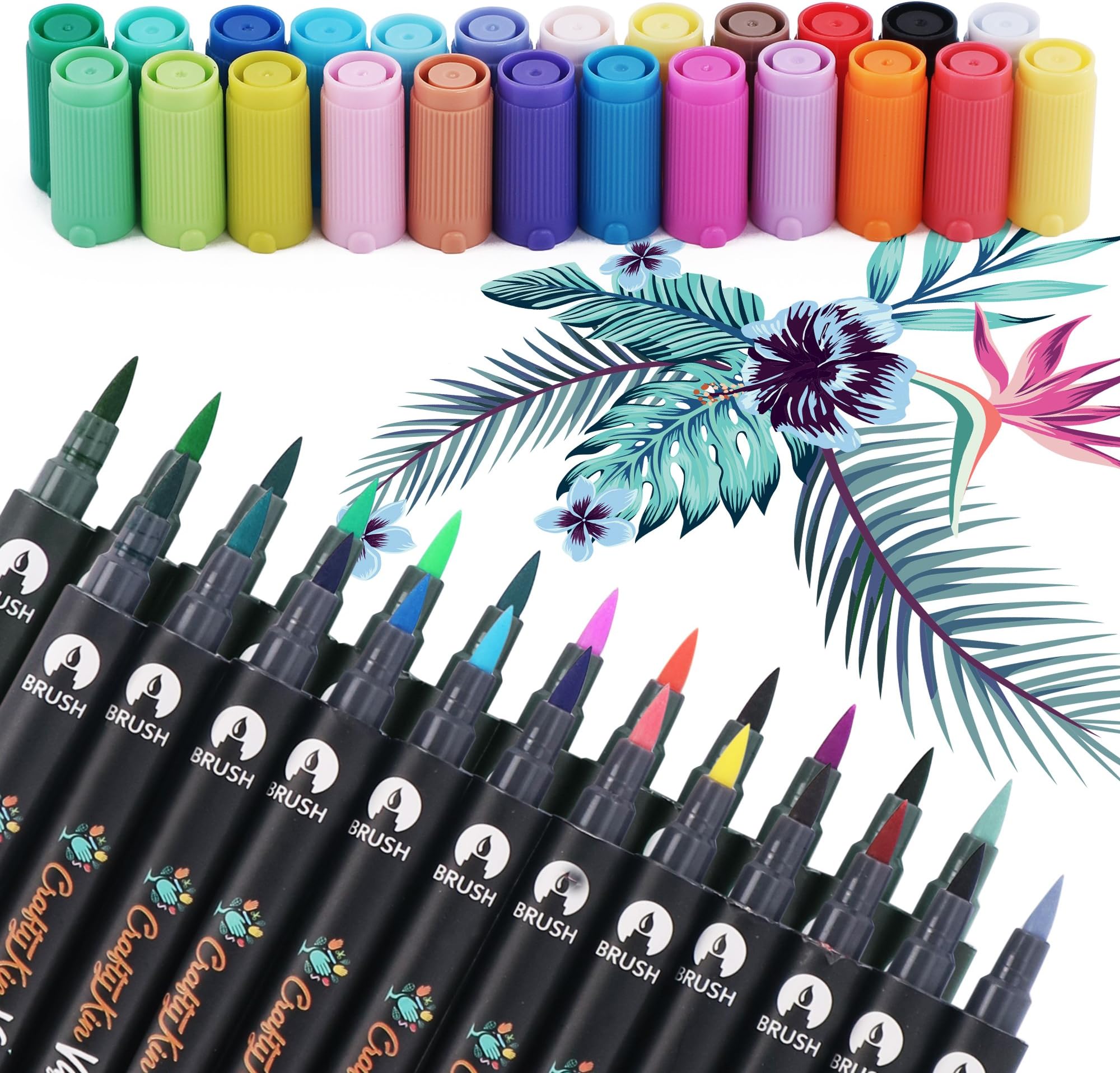 Dual Tip Watercolor Art Brush Markers (24 Colors) - Crafty Kin Non Toxic Water Based Premium Brush for Coloring, Calligraphy, Sketching, Bullet Journal