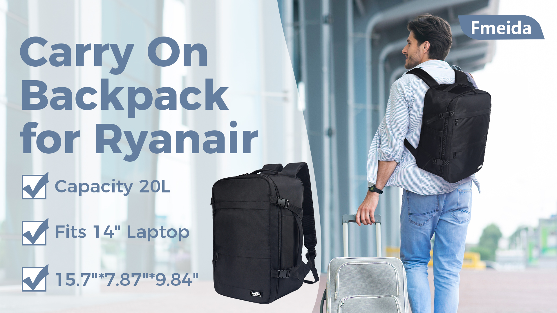 Amazon.com: Fmeida Flight Approved Carry On Backpack for Ryanair Fits 14"  Laptop - 20L Underseat Airplane Approved Weekender Bag, Anti-Theft Travel  Backpack, Personal Item Bag Black : Electronics