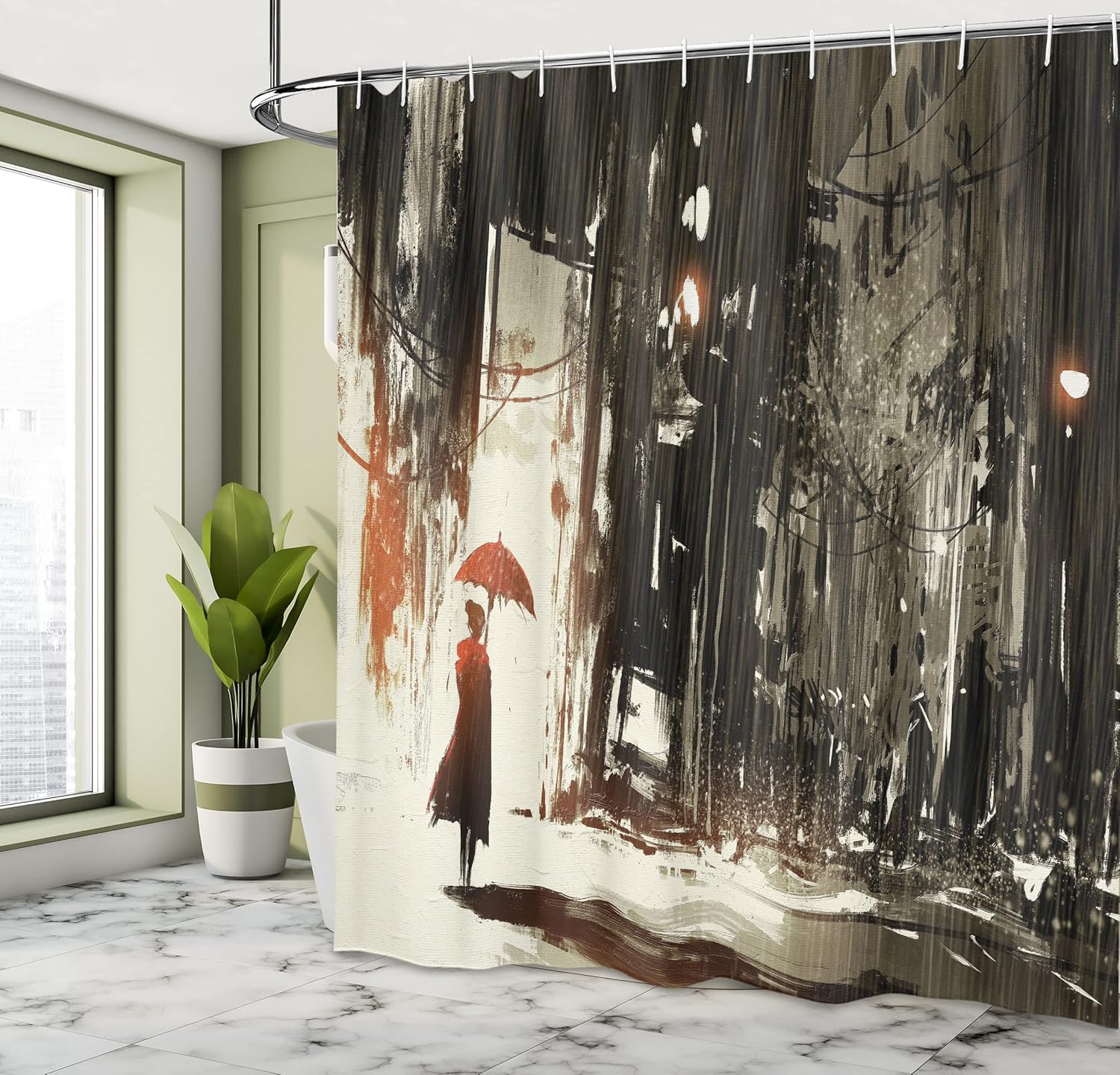 Ambesonne Fantasy Shower Curtain, Woman with Umbrella in Rain Old Town Ruins Apocalypse Superhero Action Desgin, Cloth Fabric Bathroom Decor Set with Hooks, 69" W x 75" L, Beige Green