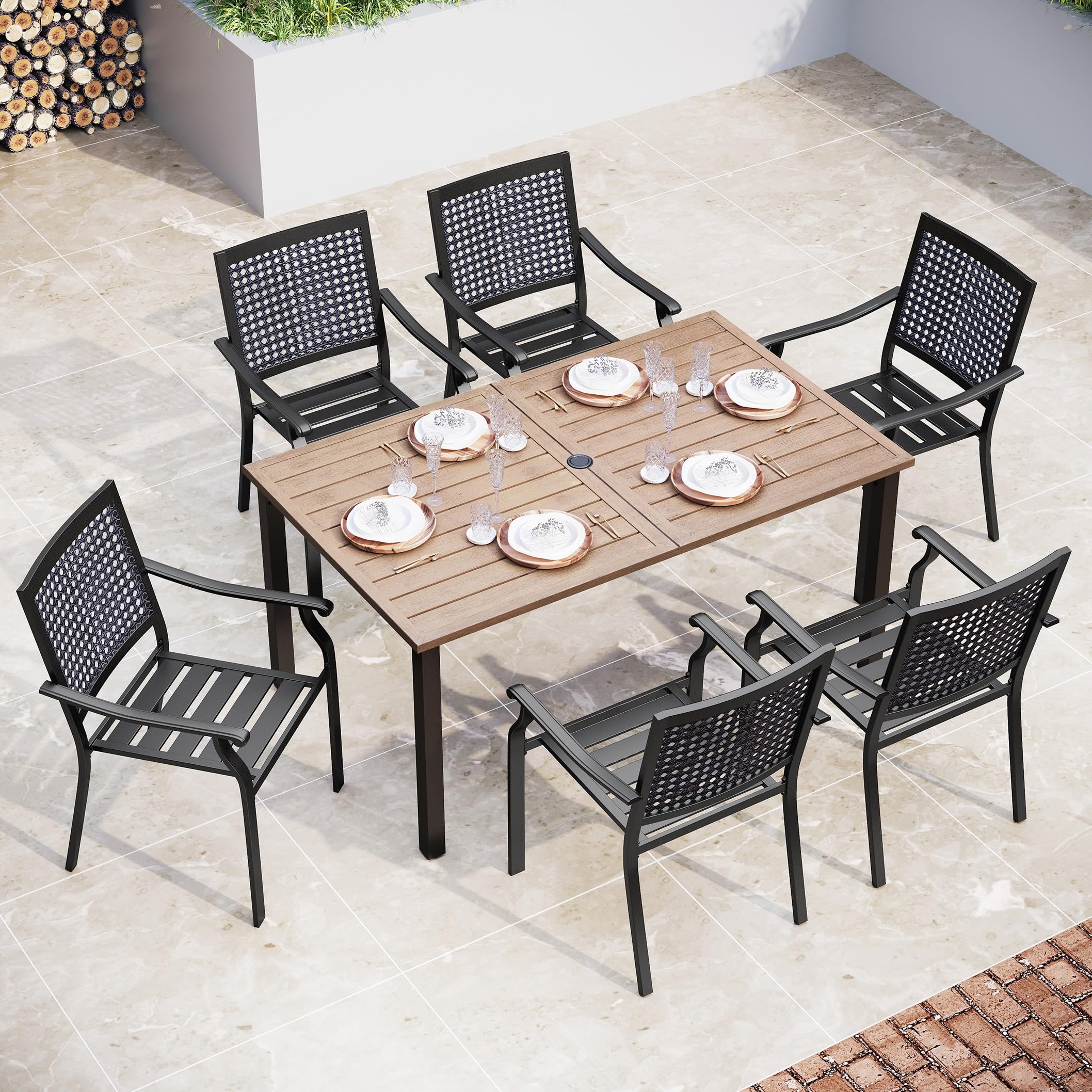 Sophia & William Patio Table and Chairs Set, Outdoor Dining Set for 6, 7 Piece Metal Patio Furniture, 60" Rectangular Table with Wood-Like Tabletop(Beehive)