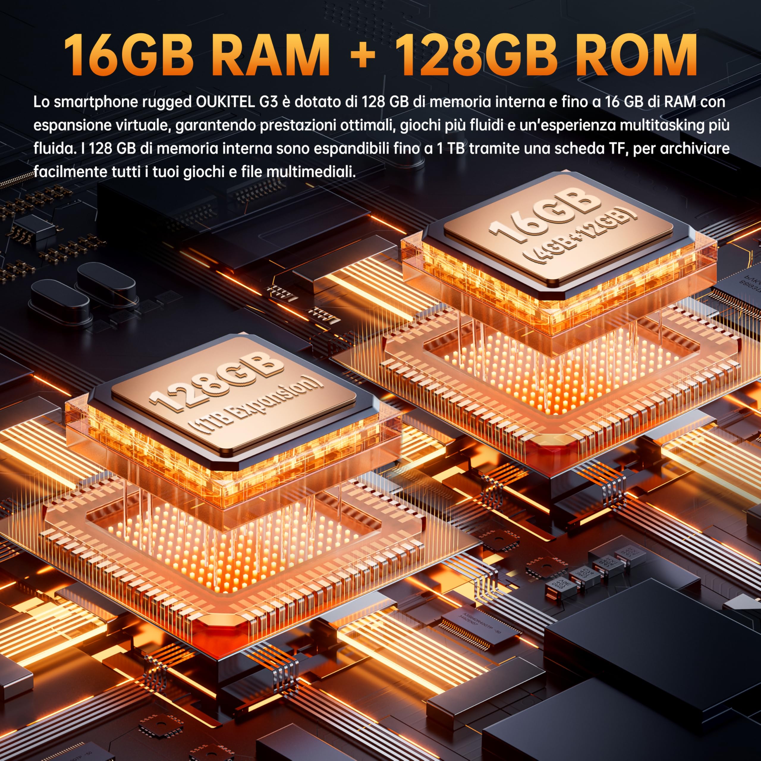 OUKITEL G3 Rugged Smartphone - 2025, 16GB+128GB/1TB Telefono Indistruttibile, 6" HD Display 6300mAh 13MP IP68/IP69K Corning Glass 5 Cellulare Robusto, OTG/GPS/4G Dual SIM/Face ID/3.5mm jack, Arancione