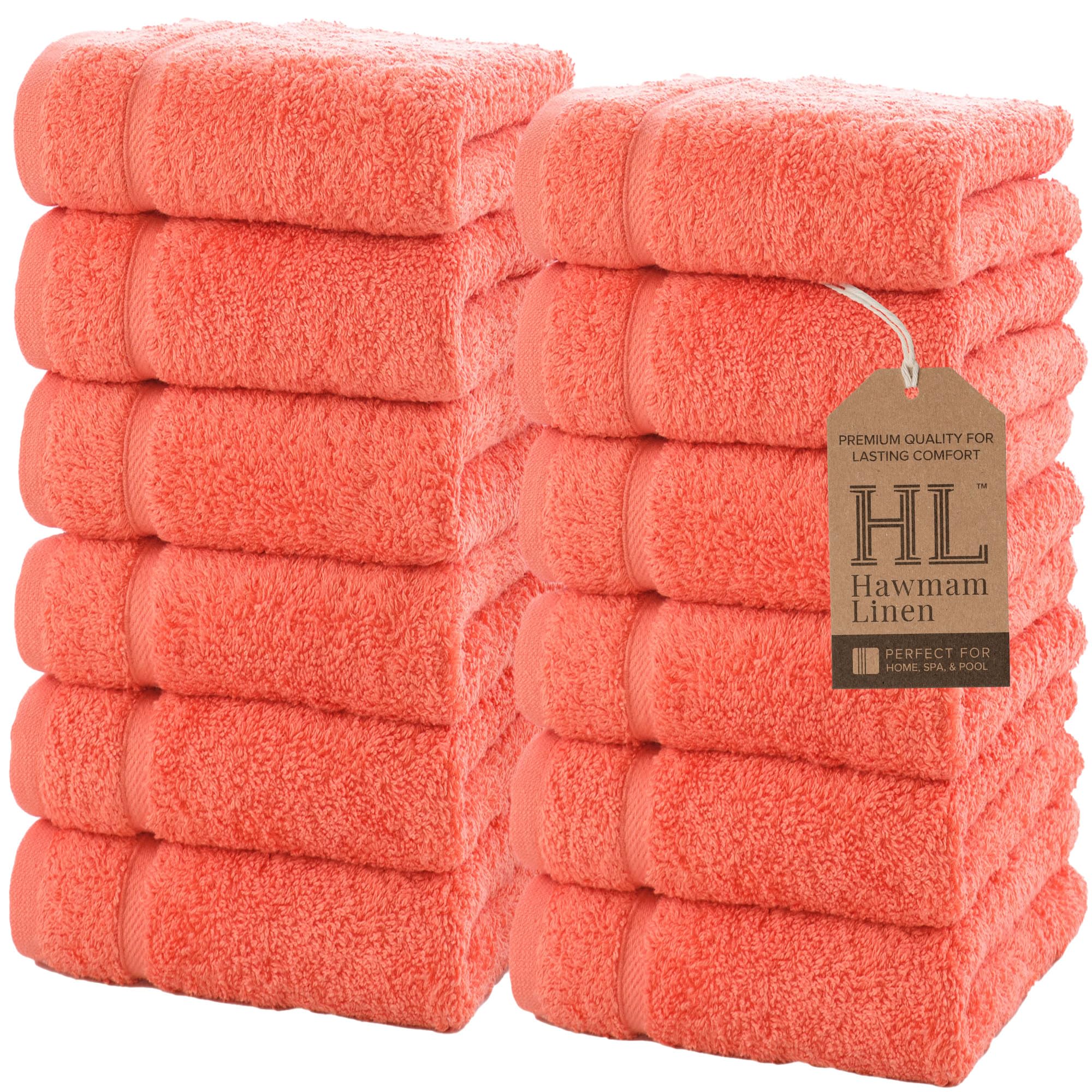 Hawmam Linen Wash Cloths, Turkish Cotton Washcloths, 12 Pack, Coral