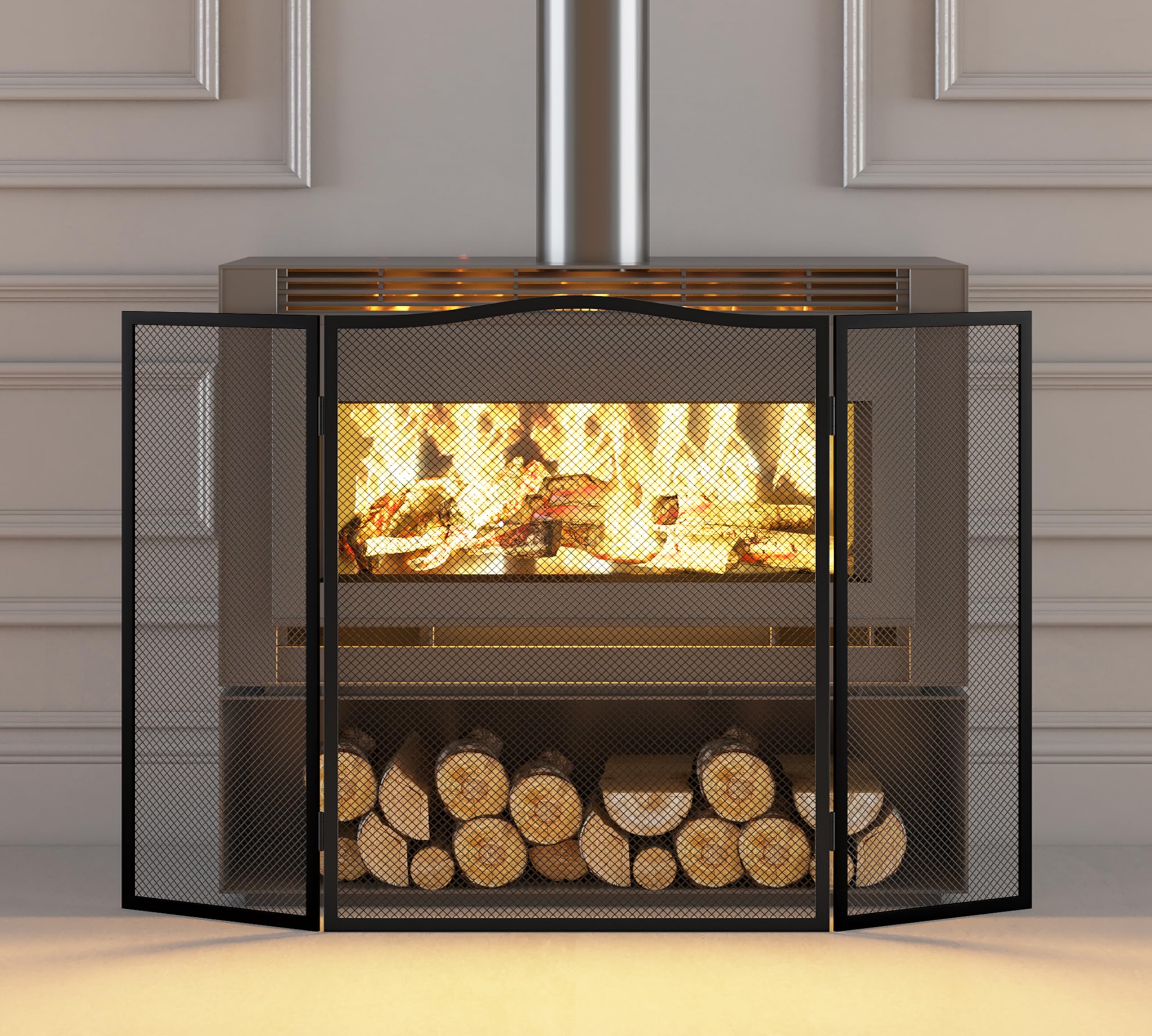 Pare-étincelles 3 panneaux écran plat fer arche supérieure 96,5 cm x 61 cm maille robuste cheminée ouverte revêtement poudre noire