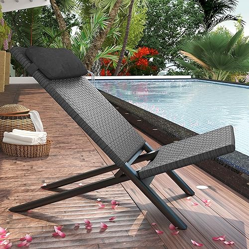 Miniatura 7 de TWT Silla plegable de ratán para interiores y exteriores, con reposacabezas extraíble, marco de aluminio para camping, playa, piscina, césped y sala