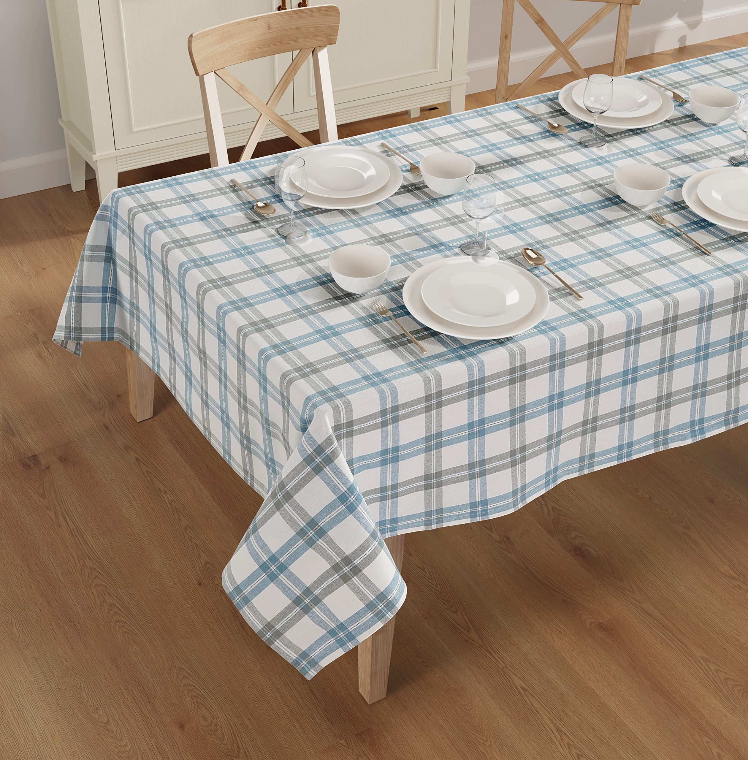 Casa De Lan Rectangle Table Cloth - Table Cover - Cotton Mitered Stitched - Checks Table Covers for Kitchen Dining, Wedding, Decorations, & Parties - 60x84 in - Blue Window