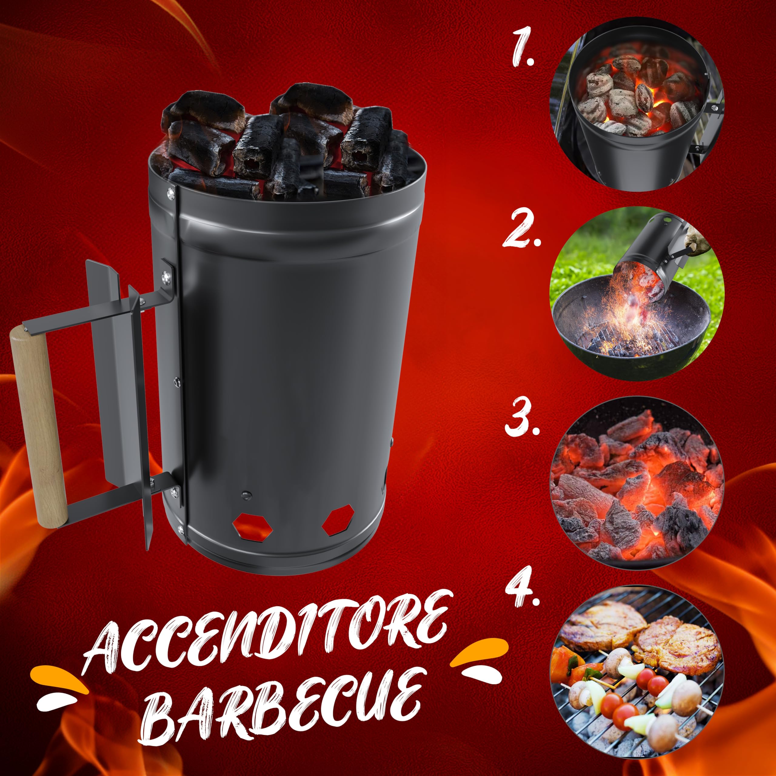 EGLEMTEK Ciminiera Starter Accenditore per Barbecue BBQ A Carbone con Impugnatura in Legno Antiscivolo Accendi Carbonella Bricchetti Diametro 17 Cm E Altezza 27 Cm Capienza 1,5 kg Colore Nero
