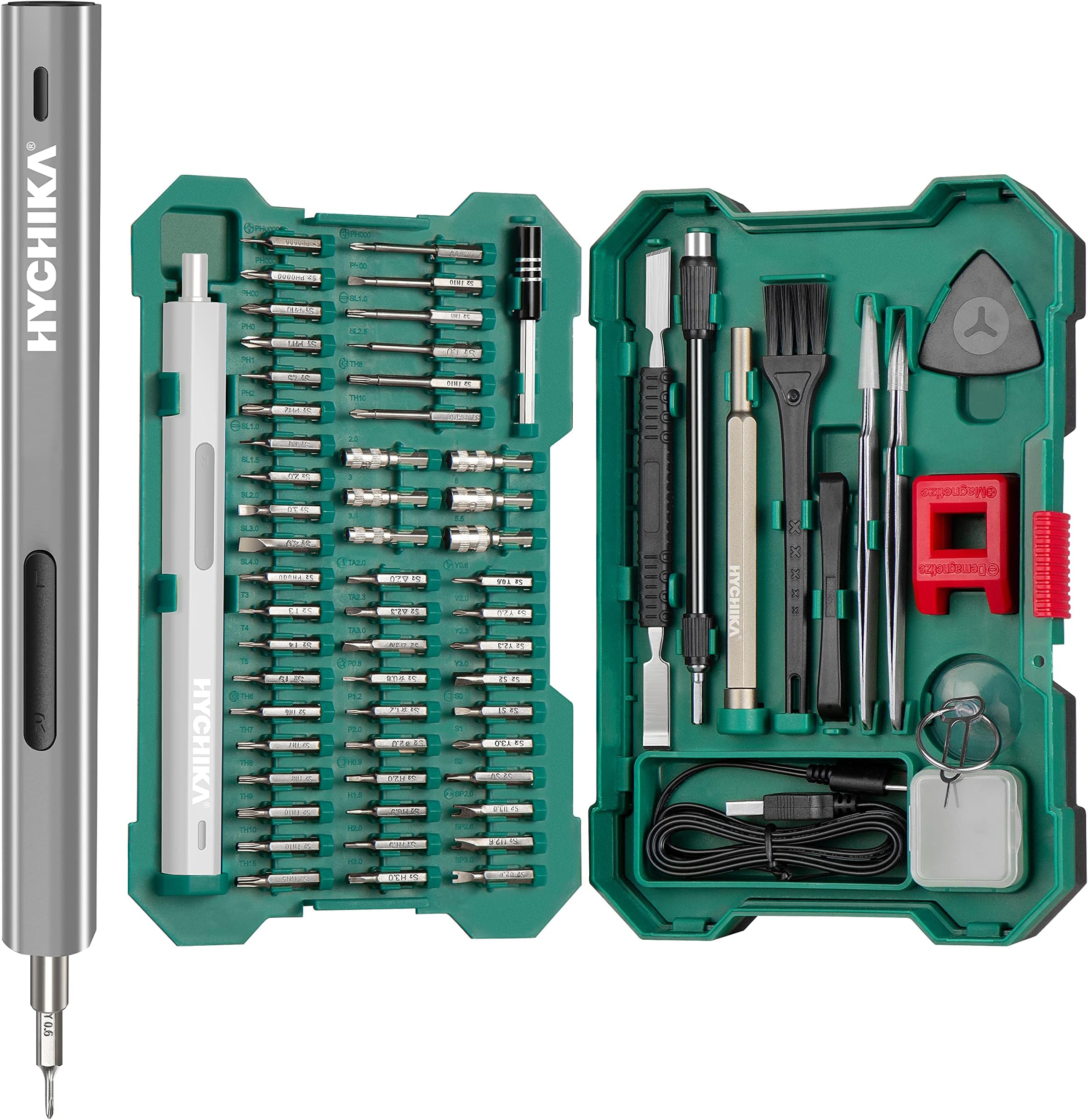 Precision Cordless Electric Screwdriver Set - HYCHIKA 67-in-1 Mini Electric Screwdriver with LED Light, 3 N.m Max Torque, 52 Magnetic Bits, Repair Tool Kit for Phone, Laptop, PC, Watch, Camera