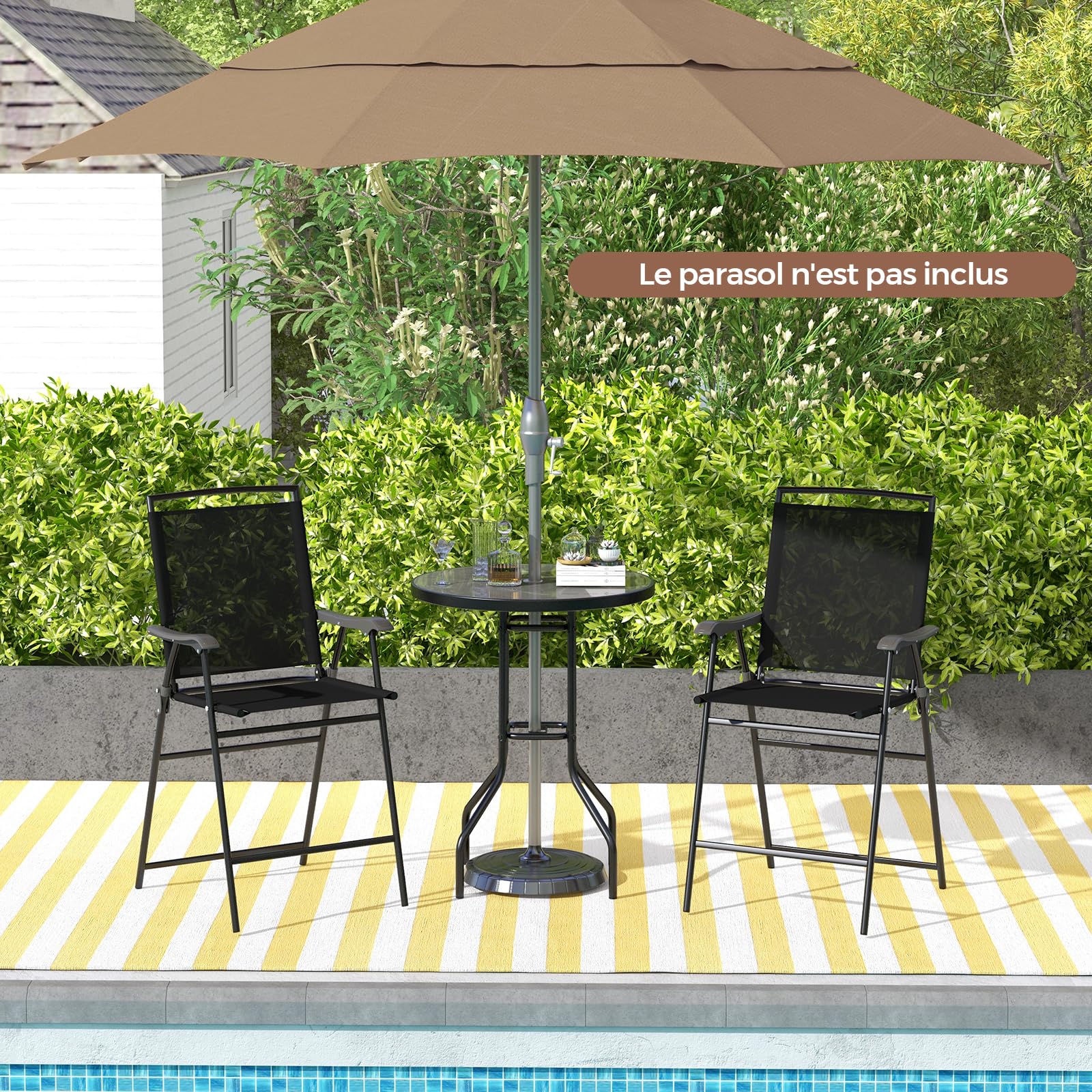 GIANTEX Ensemble Table et Chaise Bar, Mange Debout Extérieur 1 Table Haute en DPC 2 Chaises Bar Pliantes, Trou de Parasol de 42 mm, Ensemble Bistrot pour Jardin, Patio, Balcon, Noir
