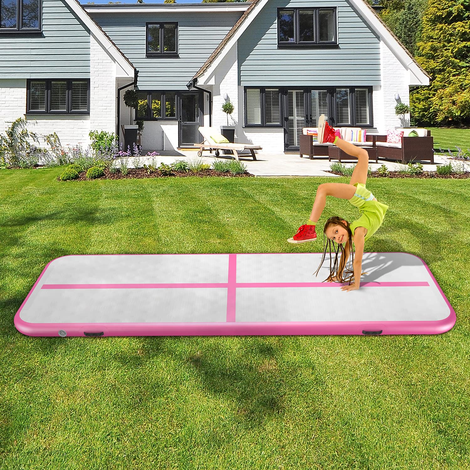 ZENOVA Tumble Track Inflatable Gymnastics Mat Tumbling Mat Inflatable 4 inches Thickness for Home Use Tumbling, Training, Cheerleading ,Yoga ,Water with Pump (16ftx3.3ftx4inch, Pink)