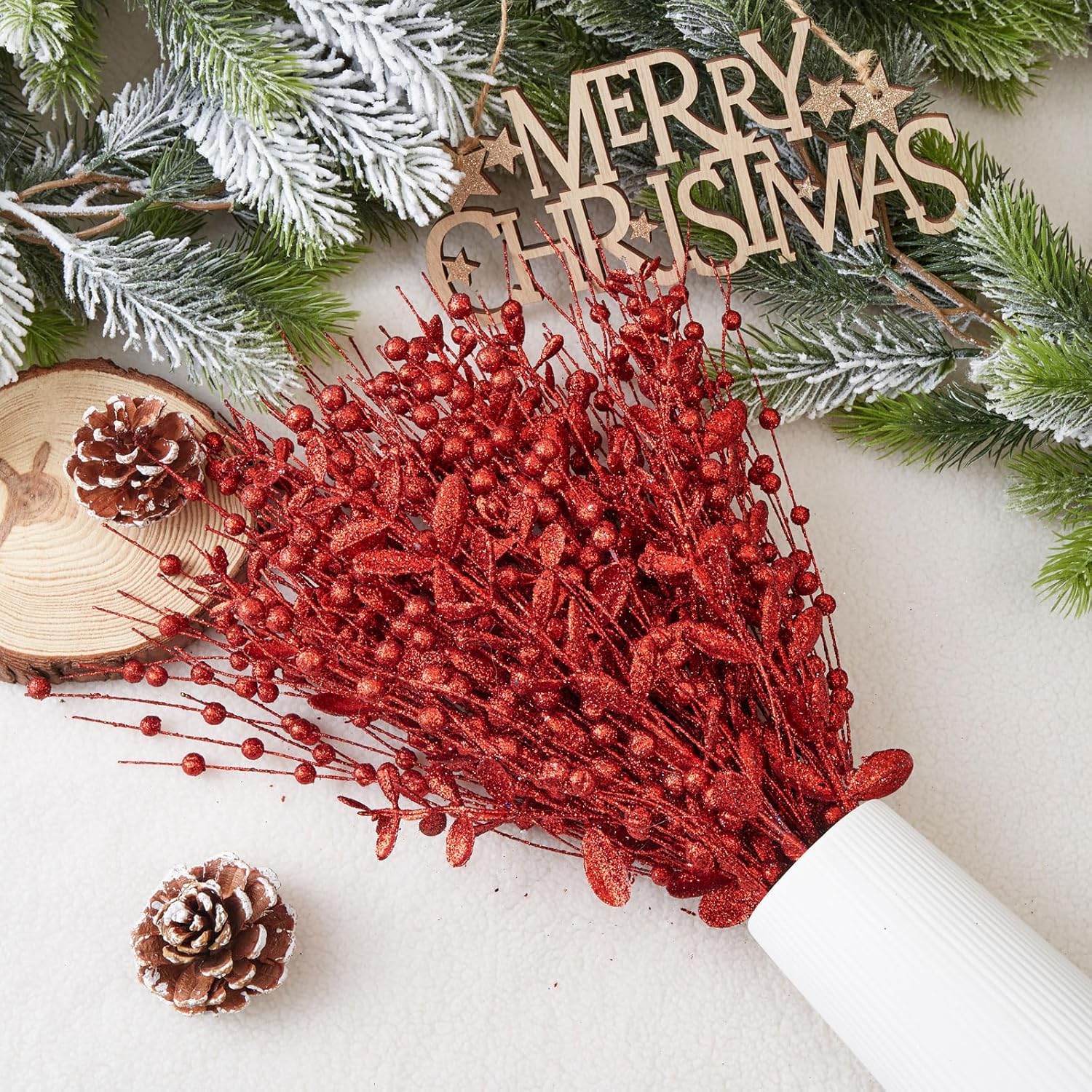 CristBest 24-Pack Christmas Tree Picks Ornaments, Artificial Glitter Berry Stem Glittery Twigs Ornaments for Christmas Tree Decorations, Small Vase, Holiday, Wedding, Party Decorations (Red)