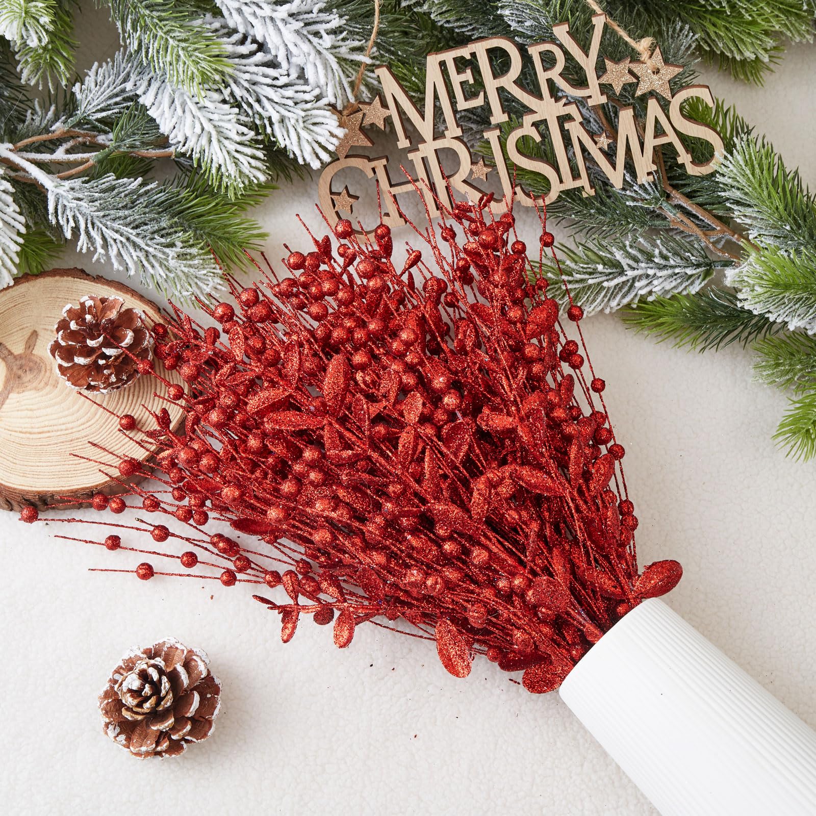 CristBest Paquete de 24 adornos para árbol de Navidad, ramas artificiales con purpurina para decoración de árbol de Navidad, jarrón pequeño, vacaciones, bodas, decoraciones de fiesta (rojo)