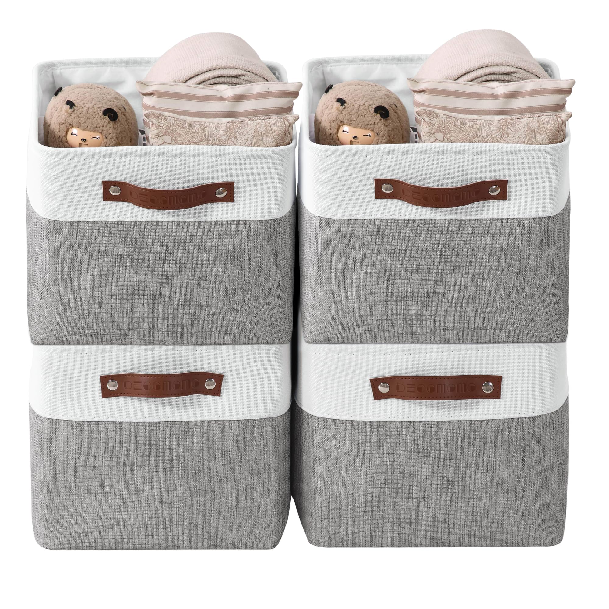 DECOMOMO Storage Baskets for Shelves - Fabric Storage Bins, Linen Closet Organizers and Storage (Grey & White, Large - 4 Pack)