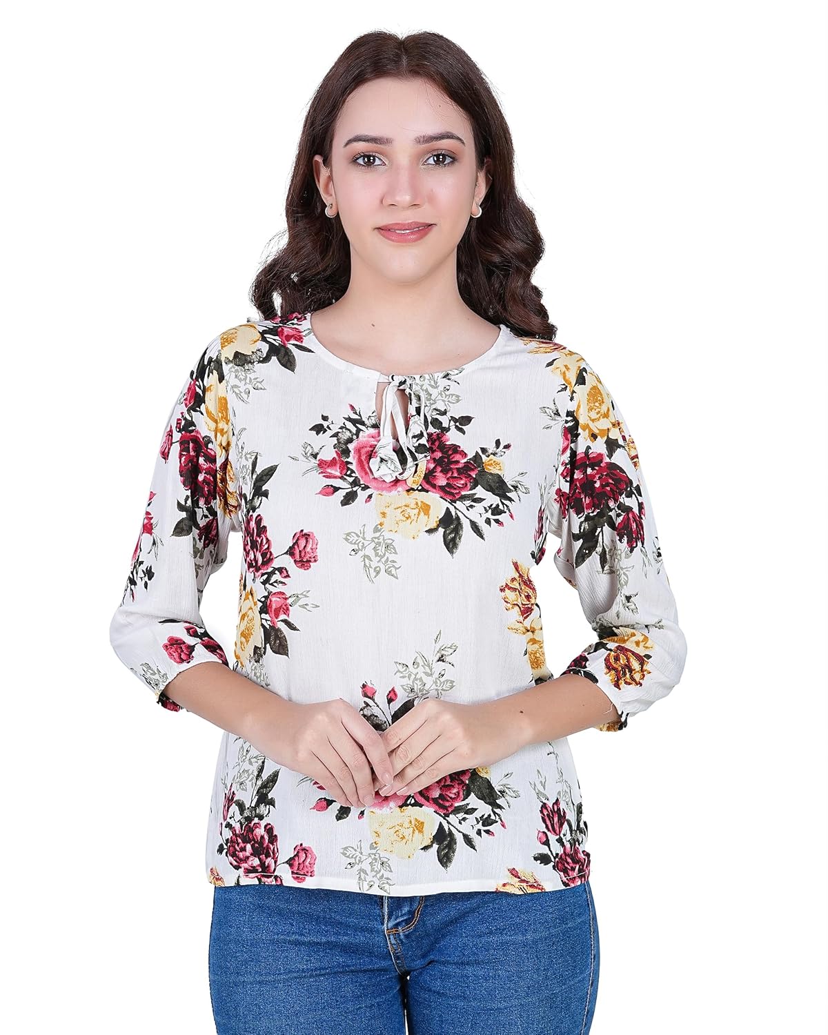 Women’s Floral Printed White Top/Western Top Round Neck, 3/4 Sleeve for Girl’s and Women’s,