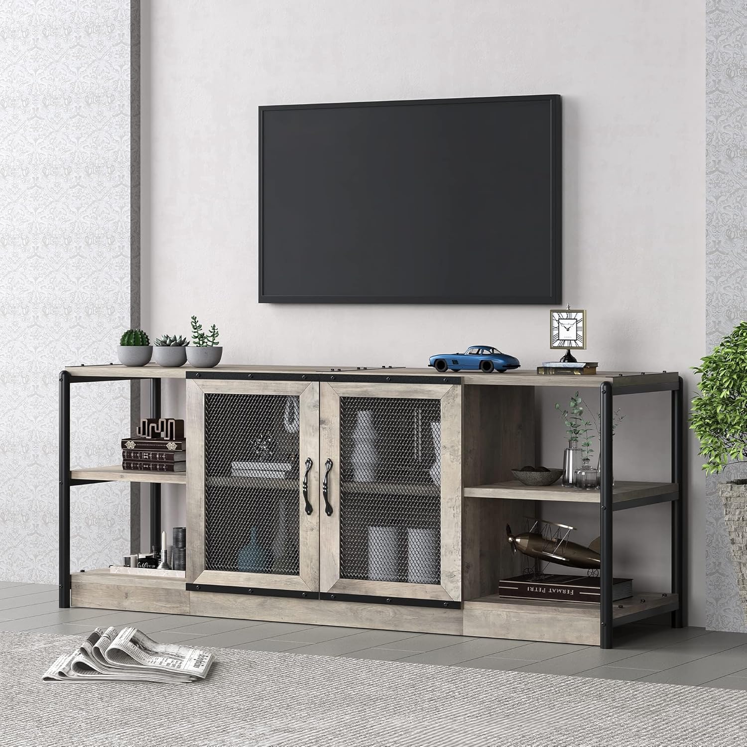 TV Stand Farmhouse Entertainment Center for 65 Inch TV Media Console Cabinet,Mesh Barn Door and Sturdy Metal Frame,Grey
